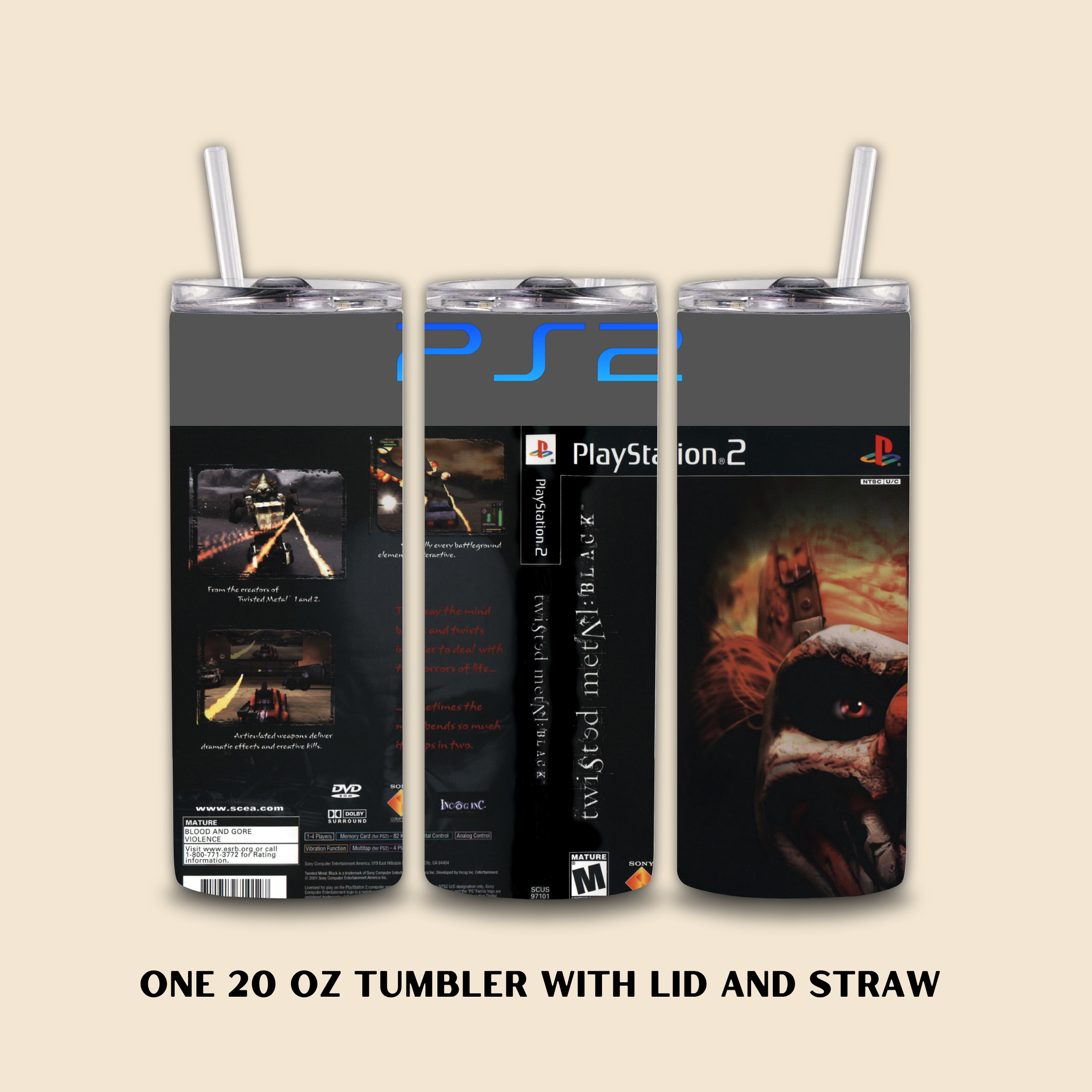 Twisted Metal Black themed 20oz tumbler with lid and straw on a beige background