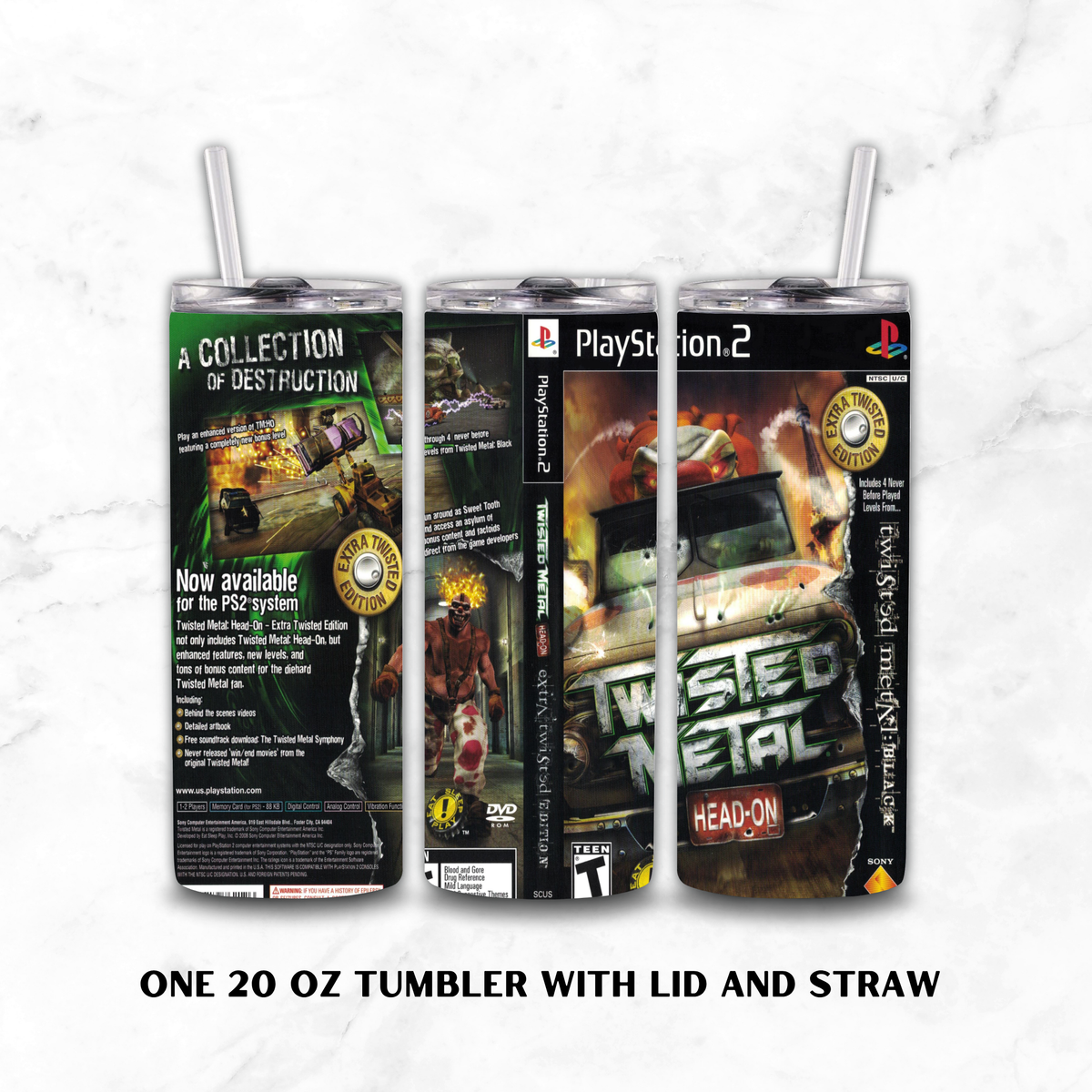 Three views of a 20 oz insulated tumbler with lid and straw, featuring PlayStation 2 Twisted Metal: Head On cover art, shown on a white marble background with text reading 'ONE 20 OZ TUMBLER WITH LID AND STRAW'.