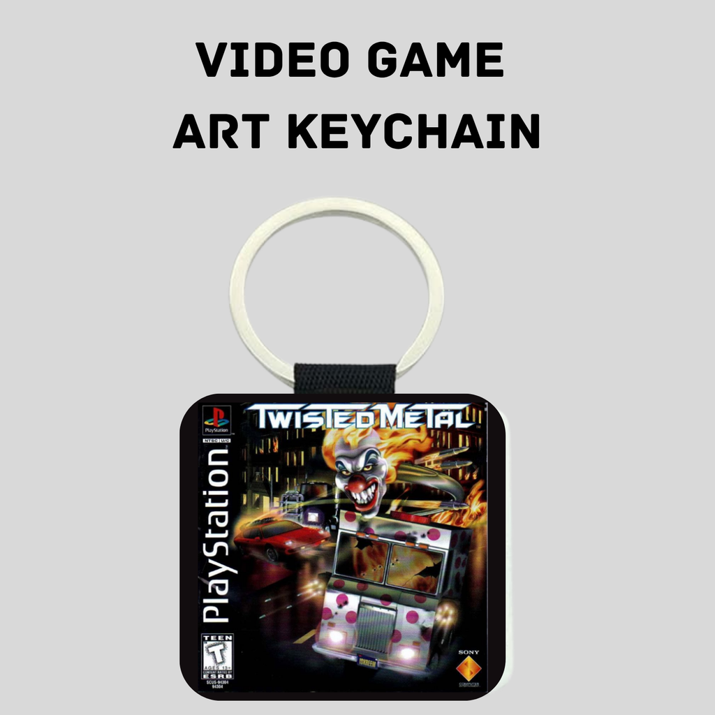 A square keychain featuring artwork from the PlayStation game Twisted Metal, complete with a silver split ring and black strap, shown against a light gray background with the text 'VIDEO GAME ART KEYCHAIN' above it.