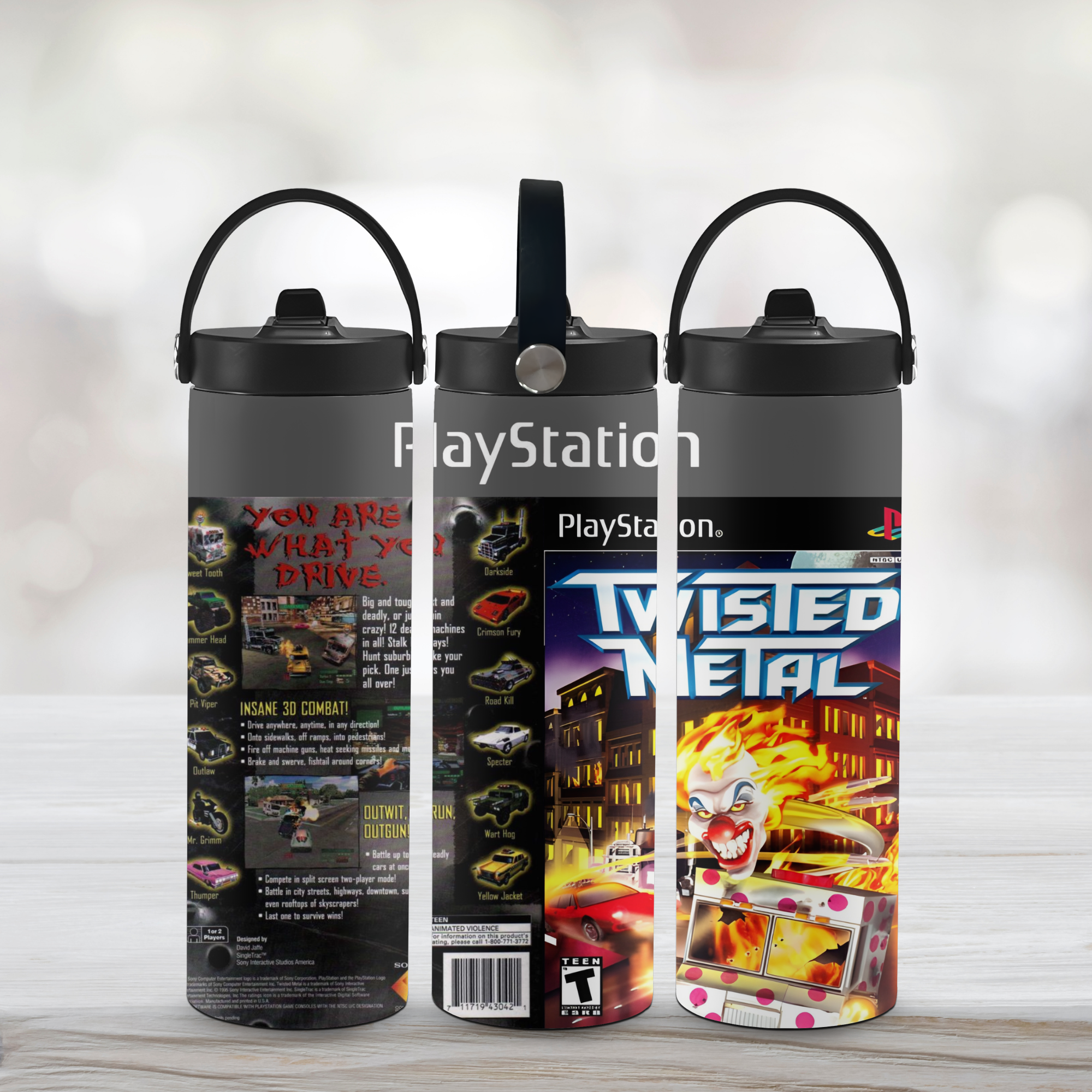 PlayStation-themed sports water bottles with 'Twisted Metal' design on a wooden surface.