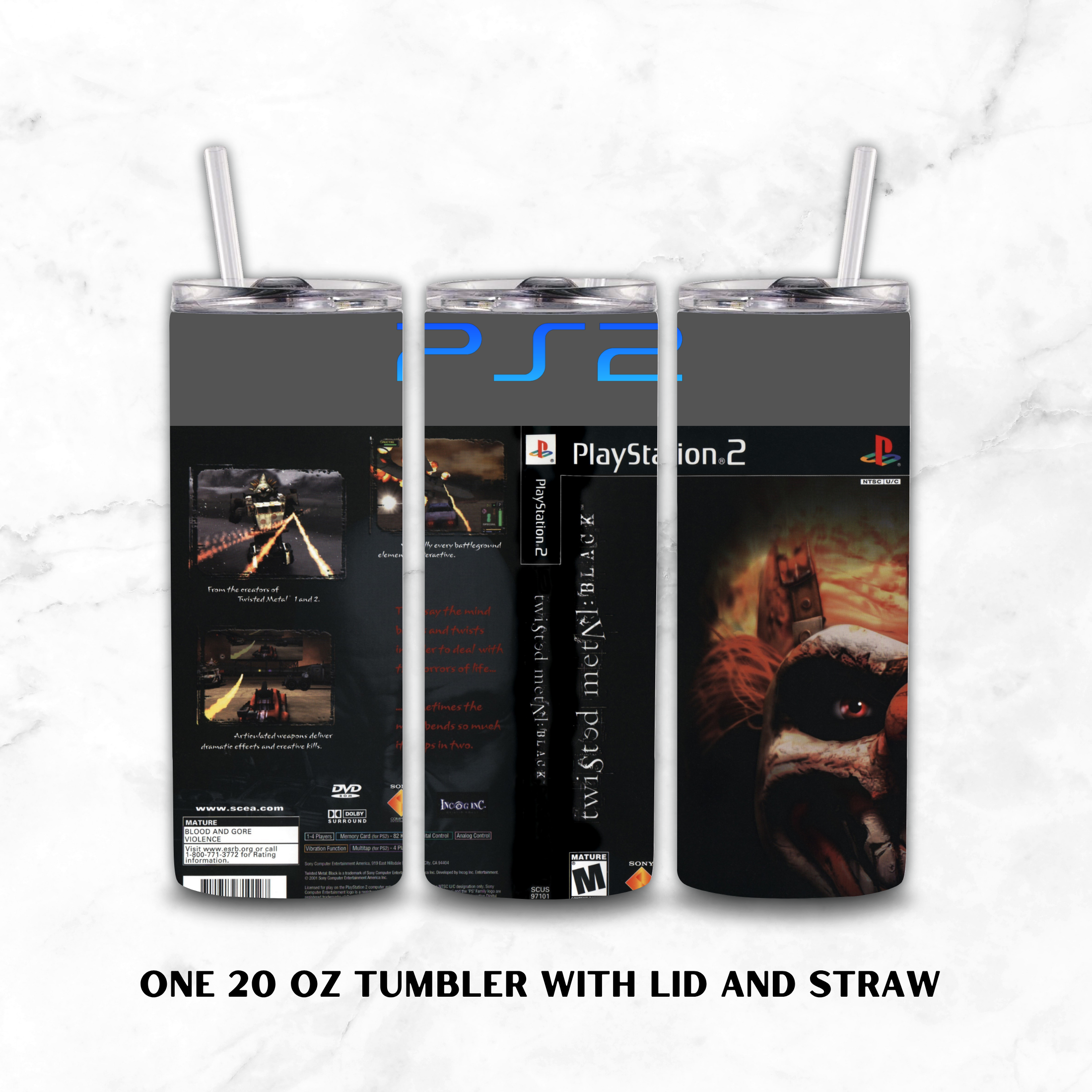 Three views of a 20 oz tumbler with lid and straw, featuring Twisted Metal Black & PlayStation 2 themed wrap design, shown on a light marble background with text reading 'ONE 20 OZ TUMBLER WITH LID AND STRAW'.