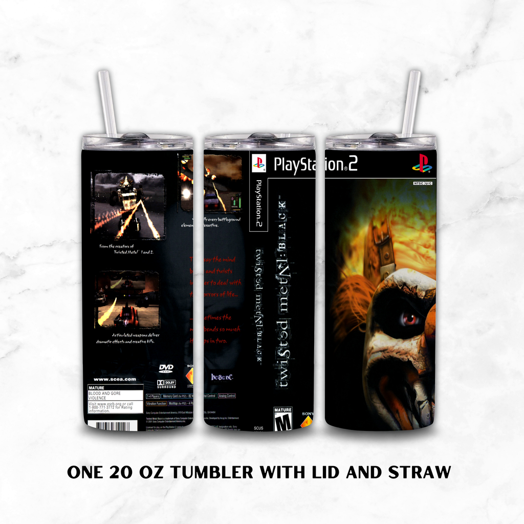Three views of a 20 oz stainless steel tumbler with lid and straw, printed with PlayStation 2 Twisted Metal Black artwork on a white marble background. 