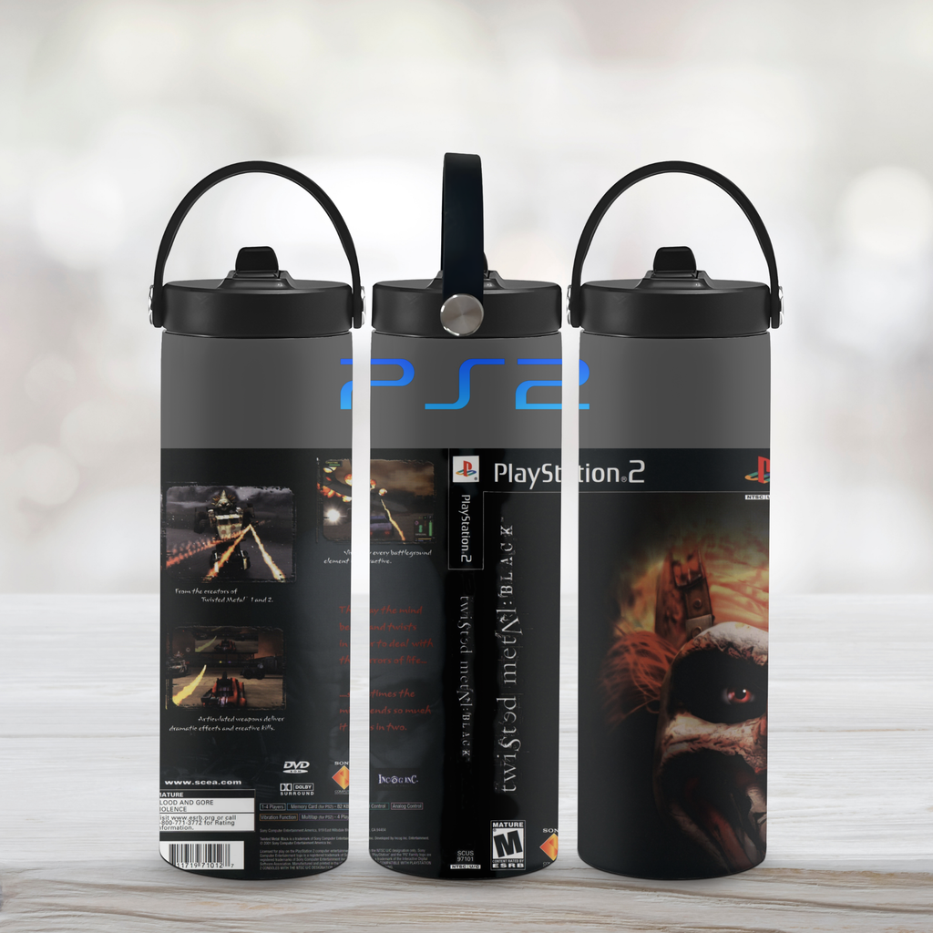 Three twisted metal black themed sports water bottles on a light wooden surface with a blurred background.