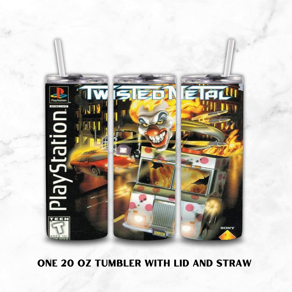 Three views of a 20 oz stainless steel tumbler with lid and straw, printed with a Twisted Metal video game cover design, shown on a white marble background.