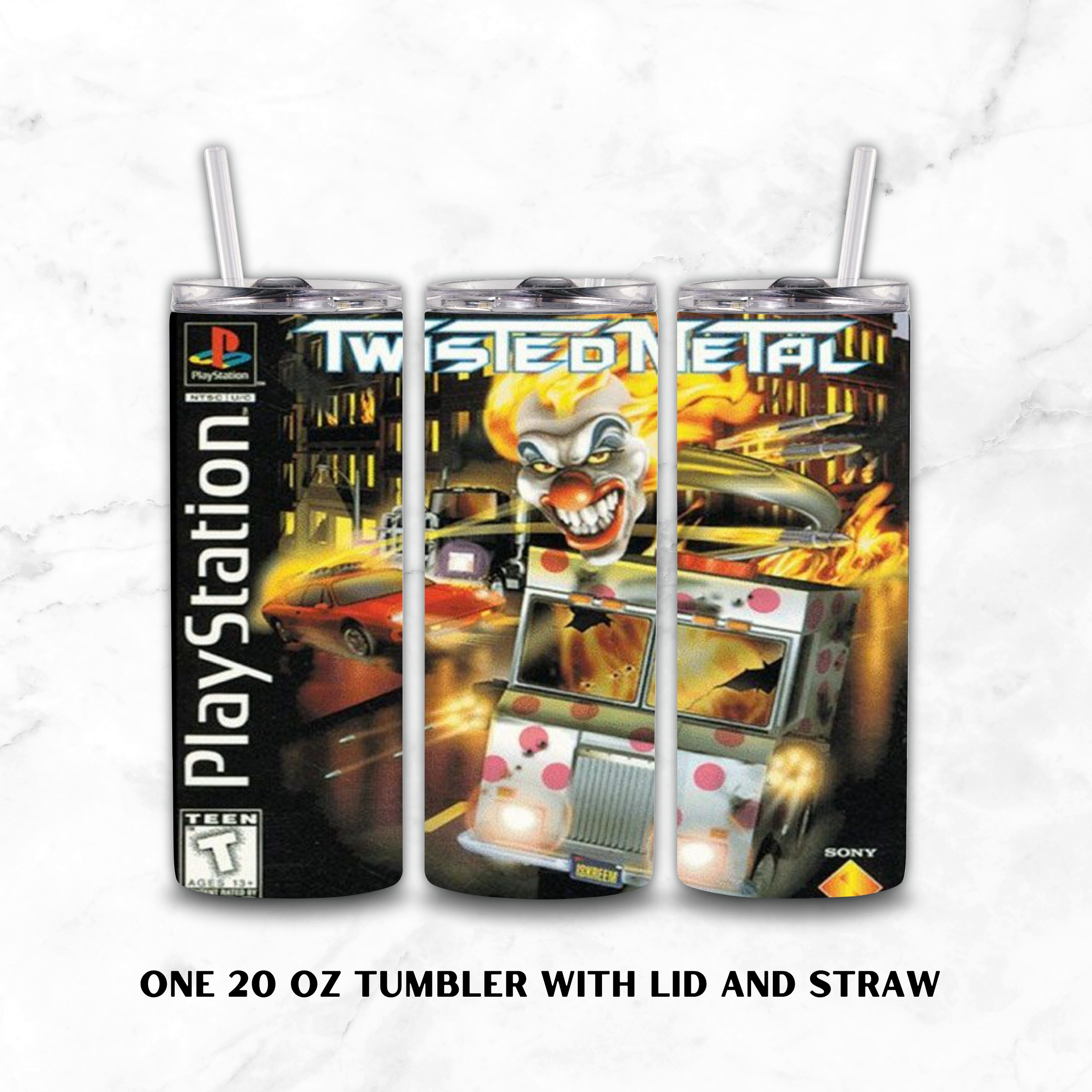 Three views of a 20 oz stainless steel tumbler with lid and straw, printed with a Twisted Metal video game cover design, shown on a white marble background.