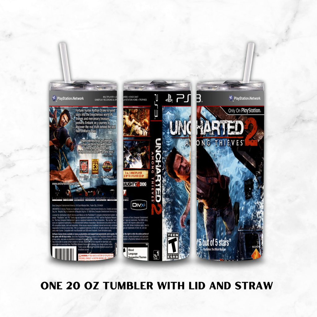 A Three View 20oz stainless steel Uncharted 2 Among Thieves tumbler with a ps3 themed, on a white marble background.