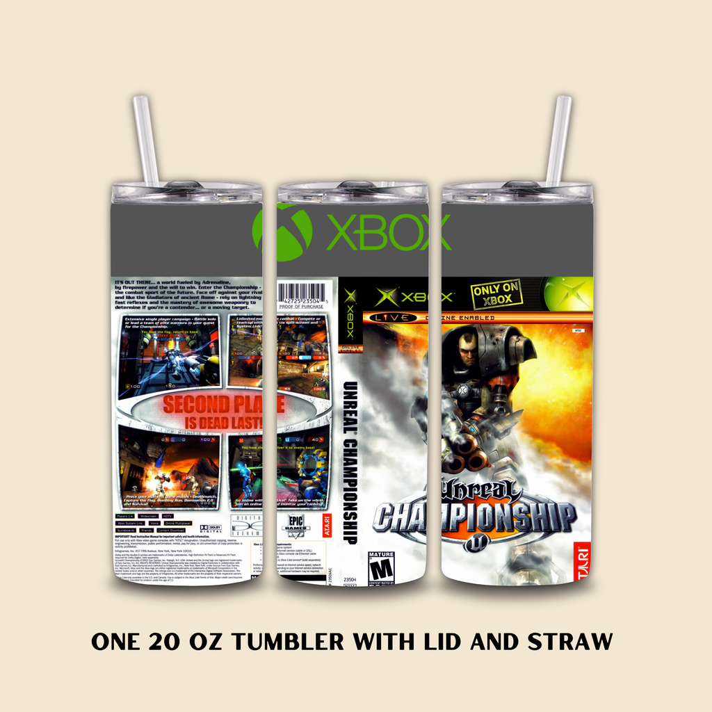 Three 20 oz tumblers with lids and straws featuring unreal championship covers on a beige background.