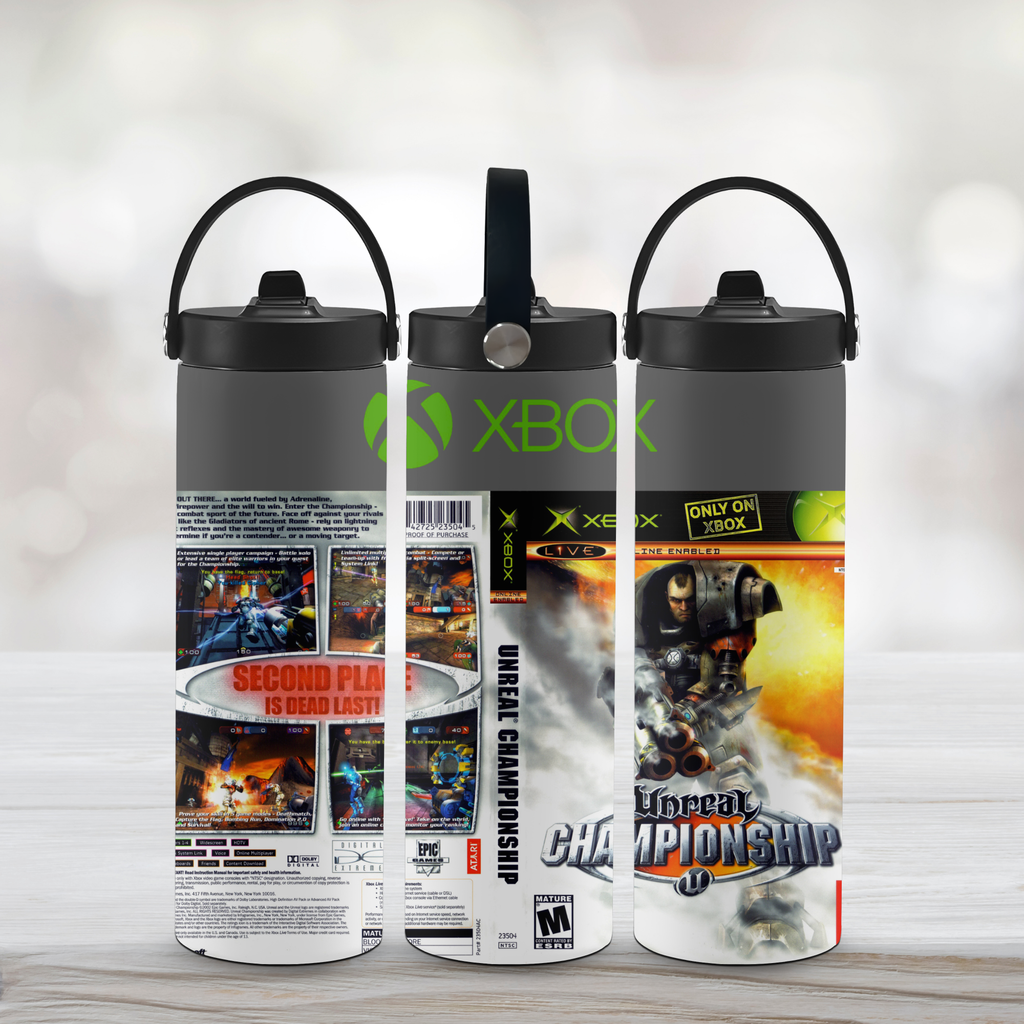 Three sports water bottles with Xbox branding and unreal championship graphics on a light background