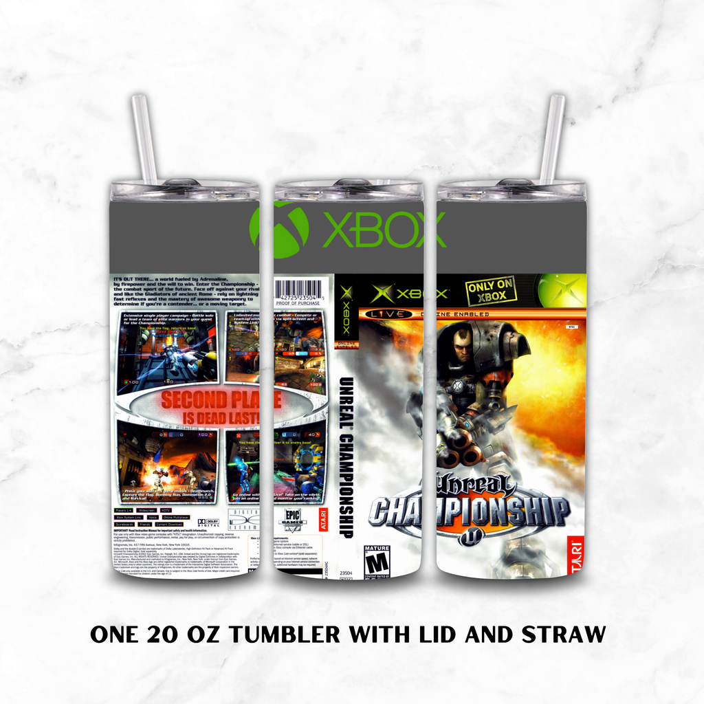 Three views of a 20 oz tumbler with lid and straw, featuring a custom Xbox Live Unreal Championship wrap. The tumbler is shown from the back, front, and side, displaying the green Xbox logo, game cover artwork, and Xbox branding.