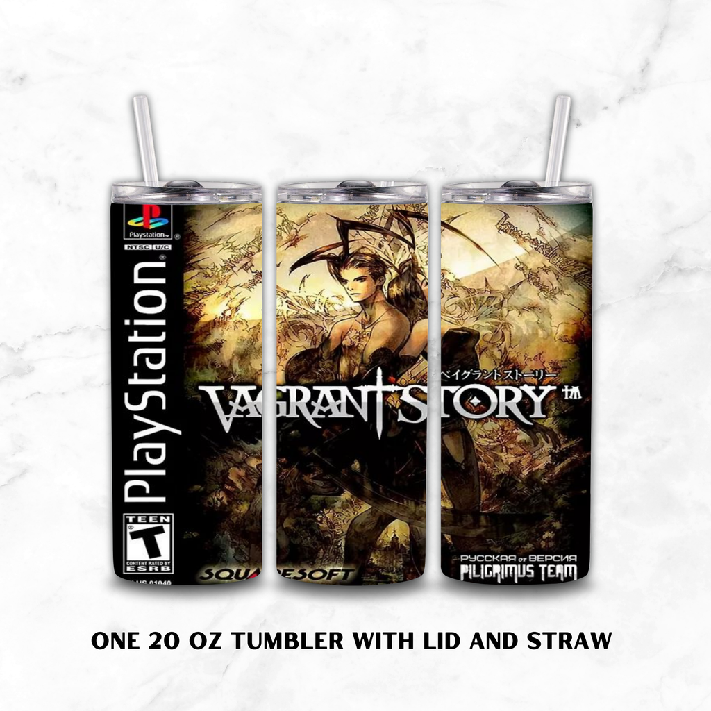 Three 20 oz tumblers with lids and straws, printed with PlayStation Vagrant Story artwork, shown on a white marble background with text reading 'ONE 20 OZ TUMBLER WITH LID AND STRAW'.