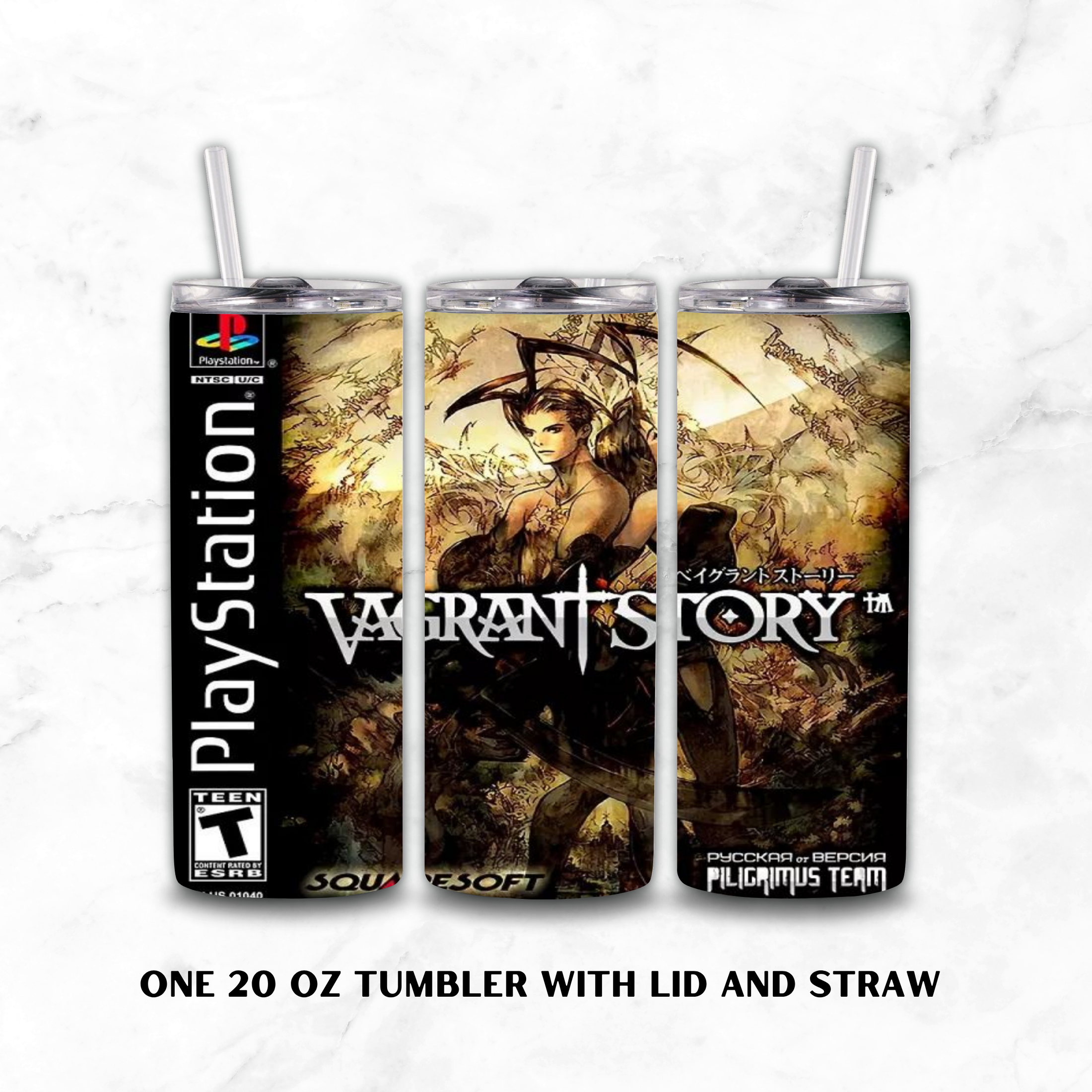 Three 20 oz tumblers with lids and straws, printed with PlayStation Vagrant Story artwork, shown on a white marble background with text reading 'ONE 20 OZ TUMBLER WITH LID AND STRAW'.