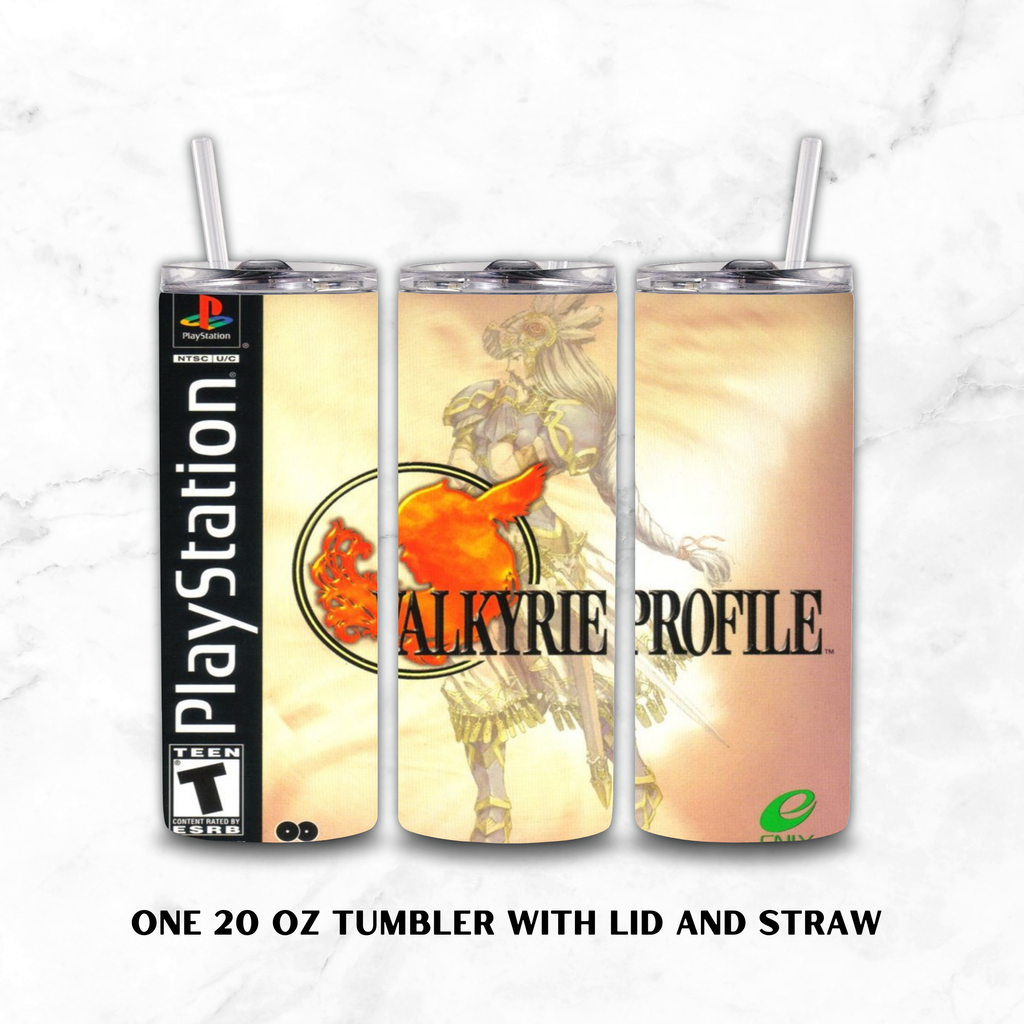 Three views of a 20 oz skinny tumbler with lid and straw, featuring PlayStation-themed Valkyrie Profile artwork on a cream and peach background, shown on a light marble surface.