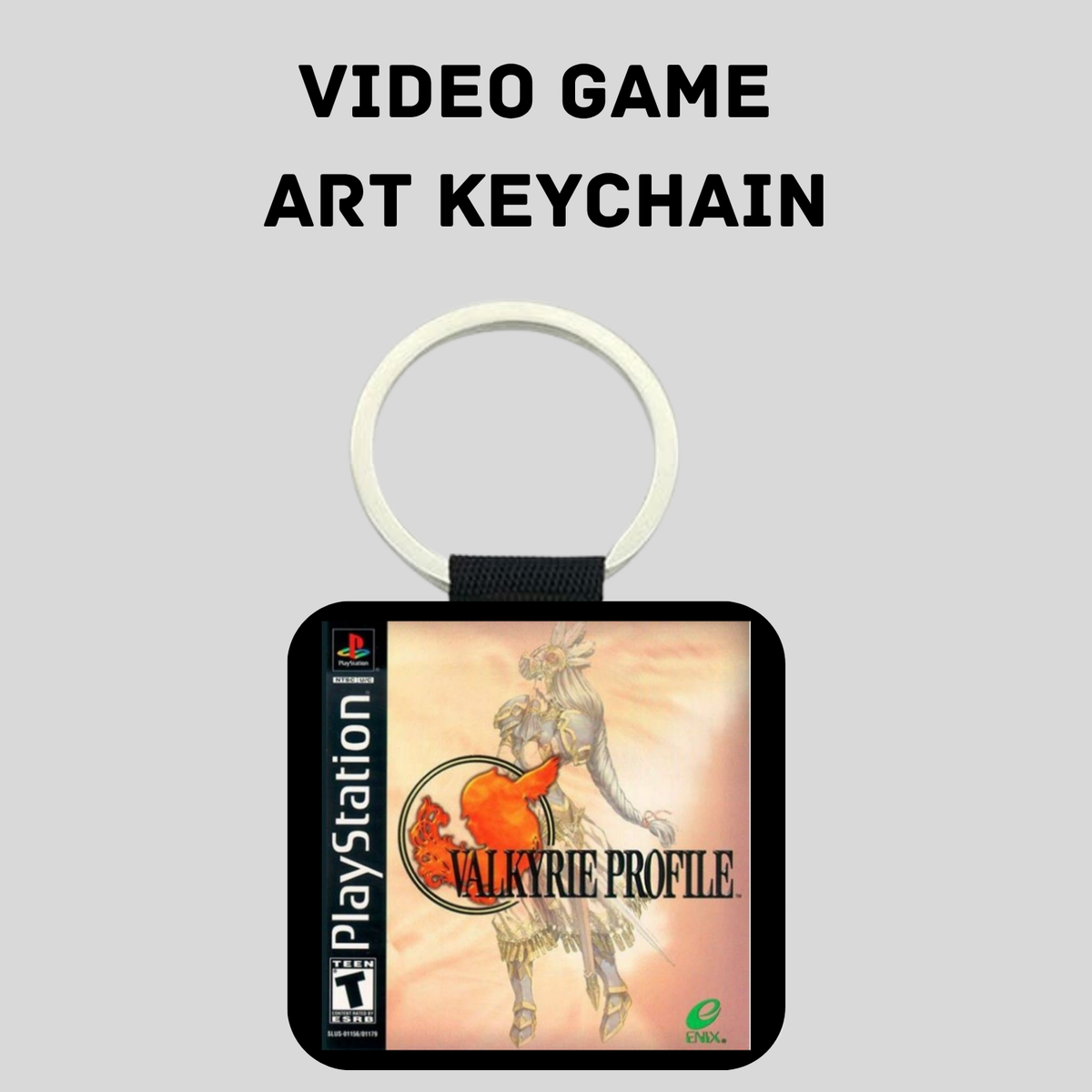 A PlayStation-themed art keychain featuring the 'Valkyrie Profile' profile artwork, with a silver split ring and black strap, shown against a light gray background with the text 'VIDEO GAME ART KEYCHAIN' above it.
