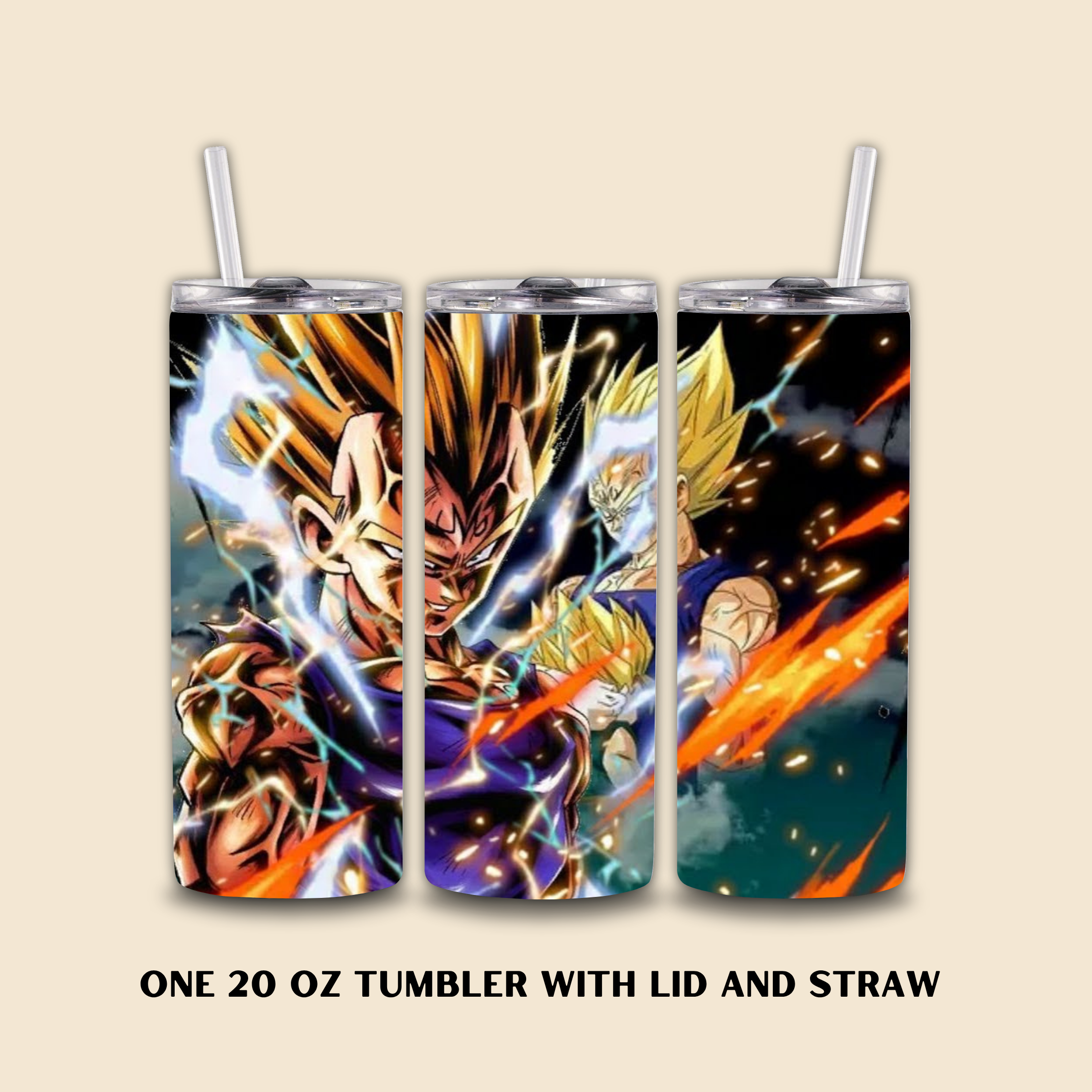 Three 20 oz tumblers with Vegeta Dragonball Z design on a beige background.