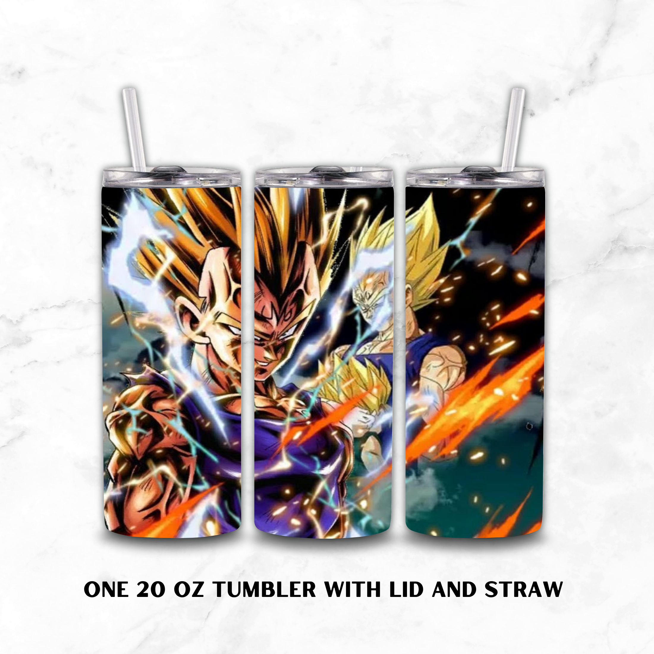Three views of a 20 oz tumbler with lid and straw, featuring a colorful Dragon Ball Z character Vegeta anime print on a white marble background.