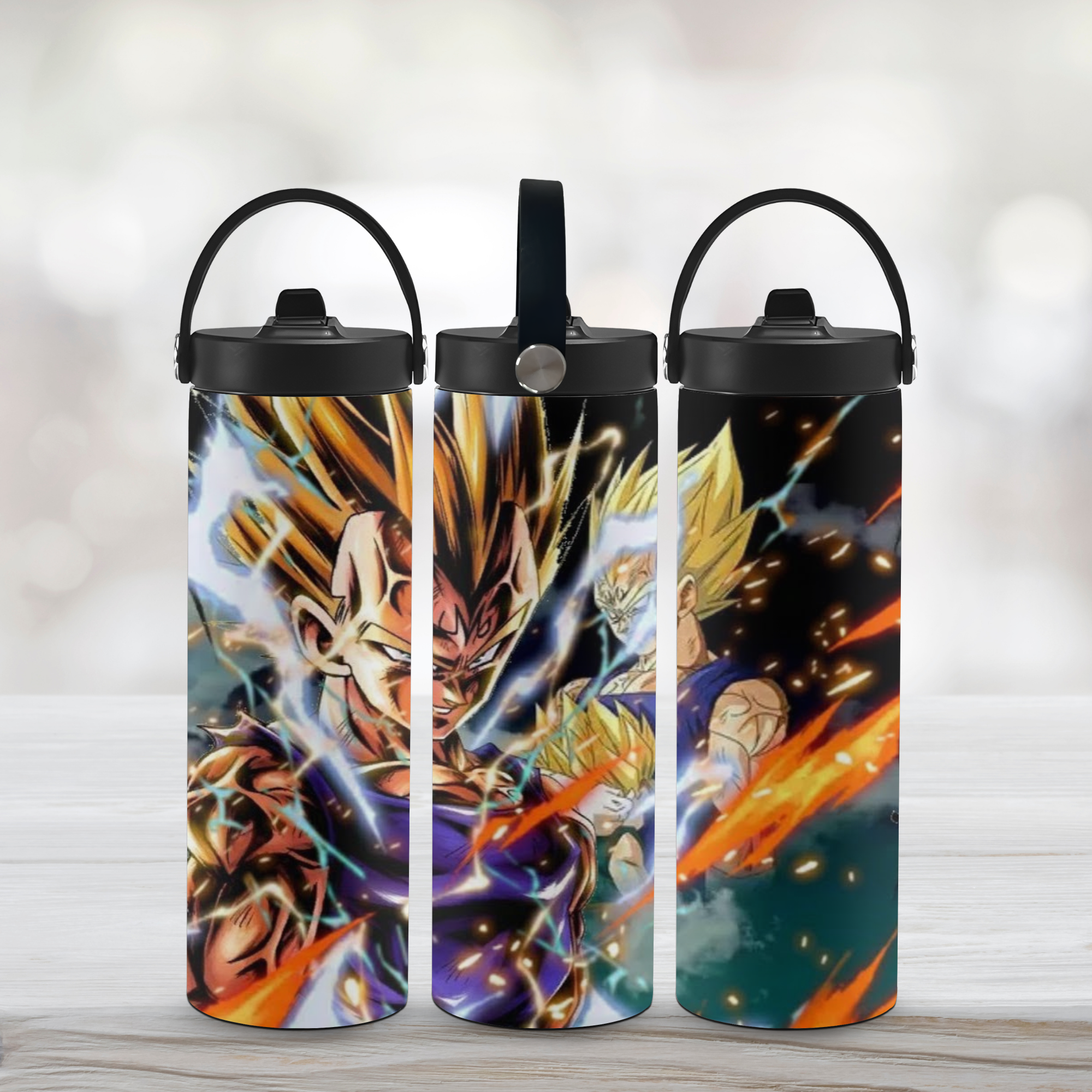 Three water bottles with a Dragonball-Vegeta themed design on a wooden surface.
