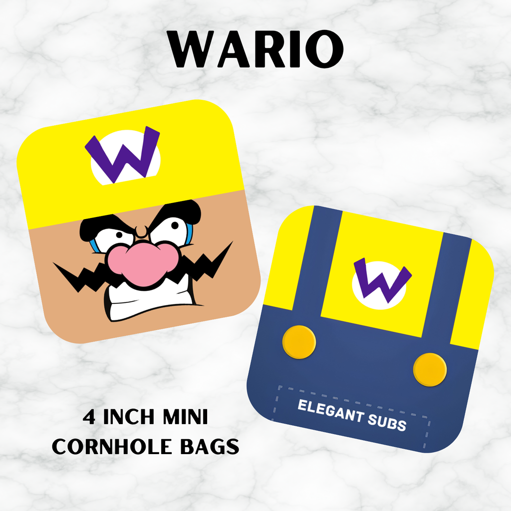 Two mini cornhole bags with Wario design on a white background.