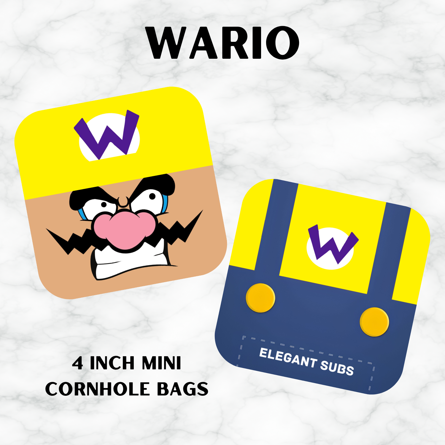 Two mini cornhole bags with Wario design on a white background.