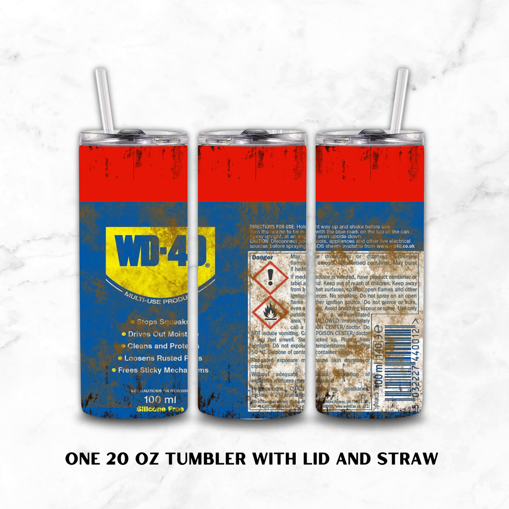 Three views of a 20 oz stainless steel tumbler with lid and straw, featuring a distressed WD-40 can label design in red, blue, yellow, and rust-like brown on a white marble background.