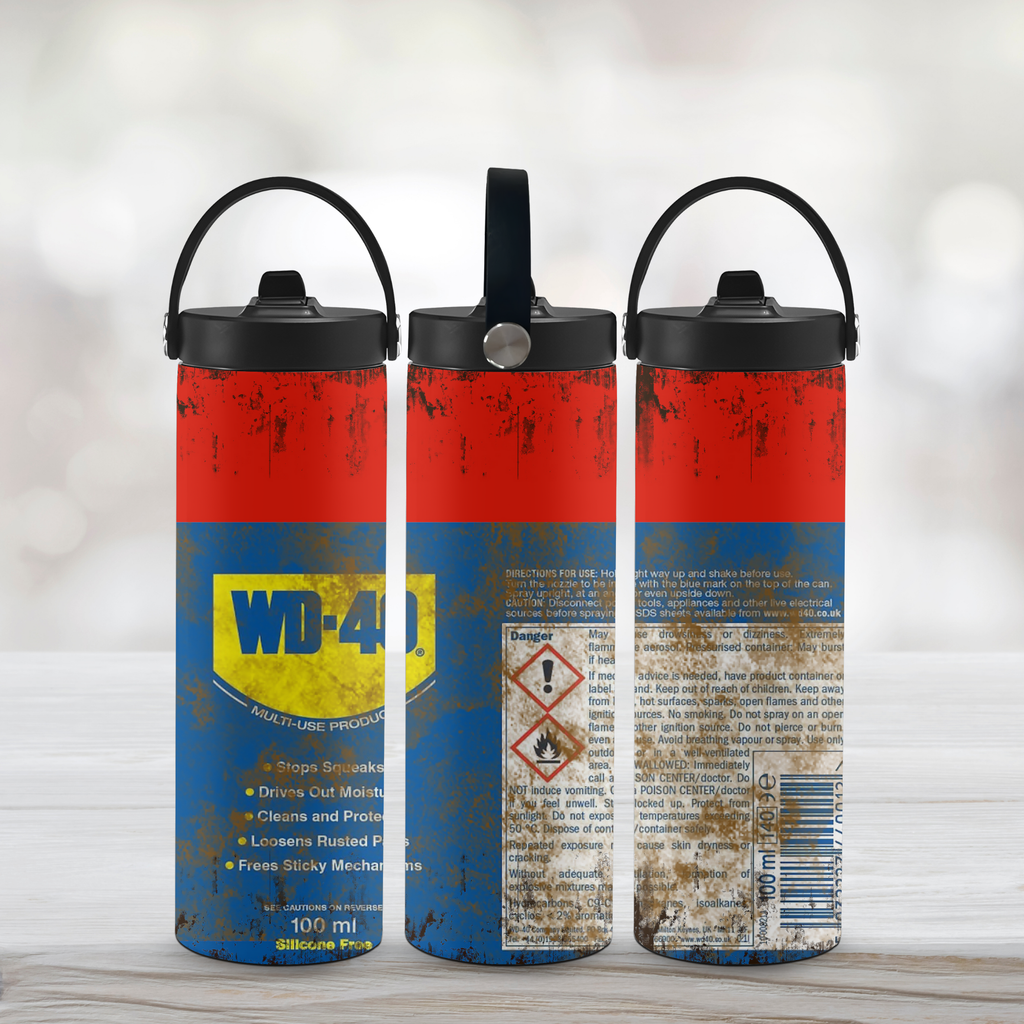 Three water bottles with WD-40 image on white background.