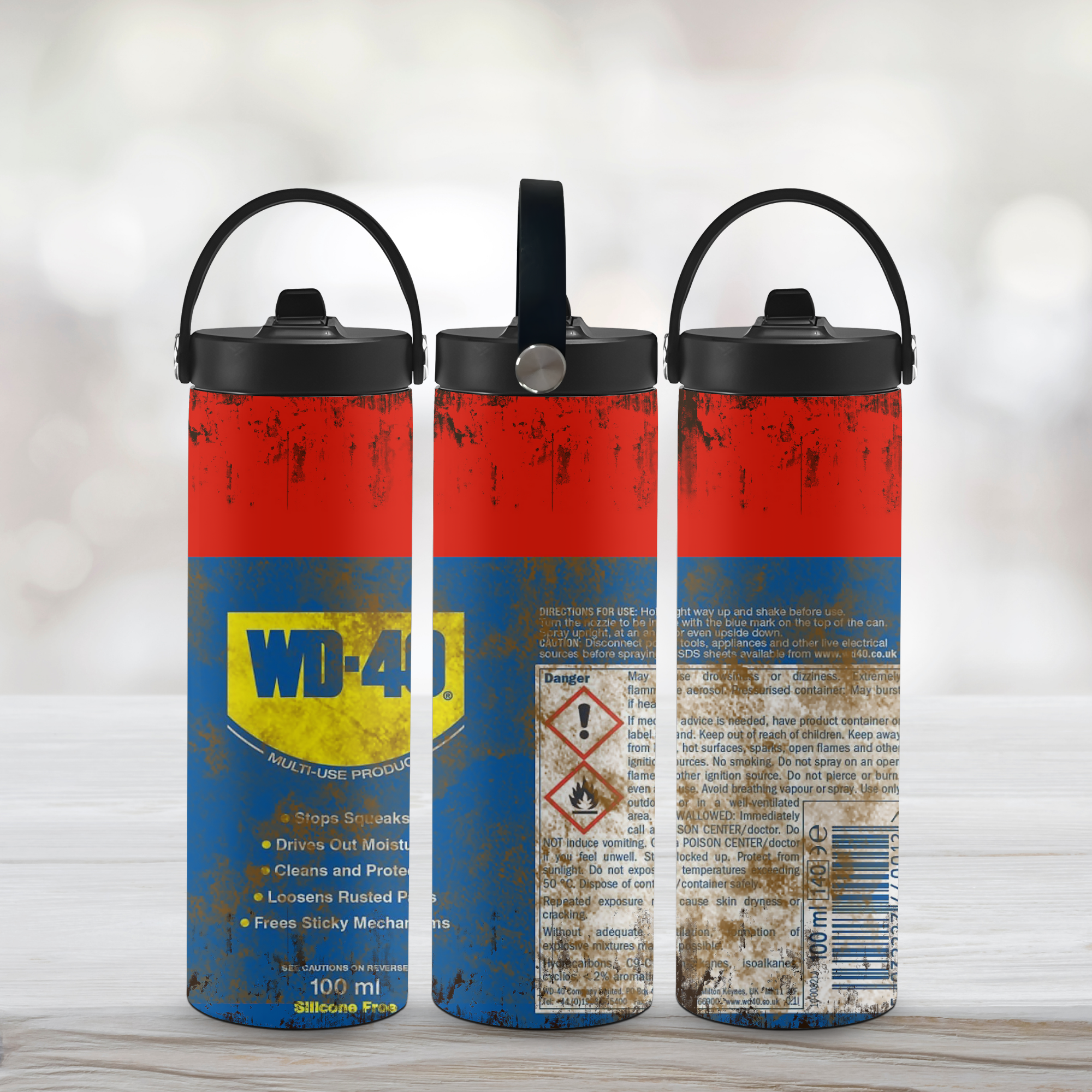 Three water bottles with WD-40 image on white background.