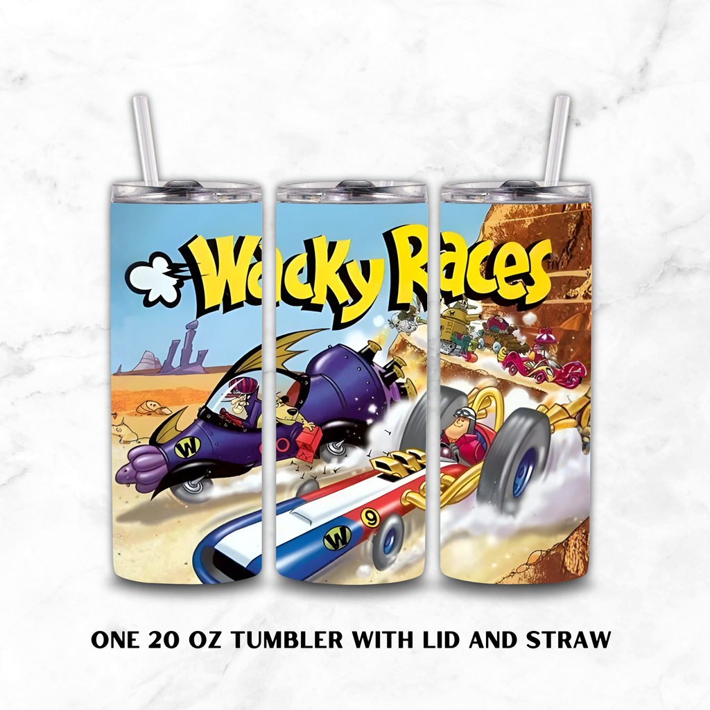 Three Wacky Races cartoon 20oz custom tumblers with a white background. 