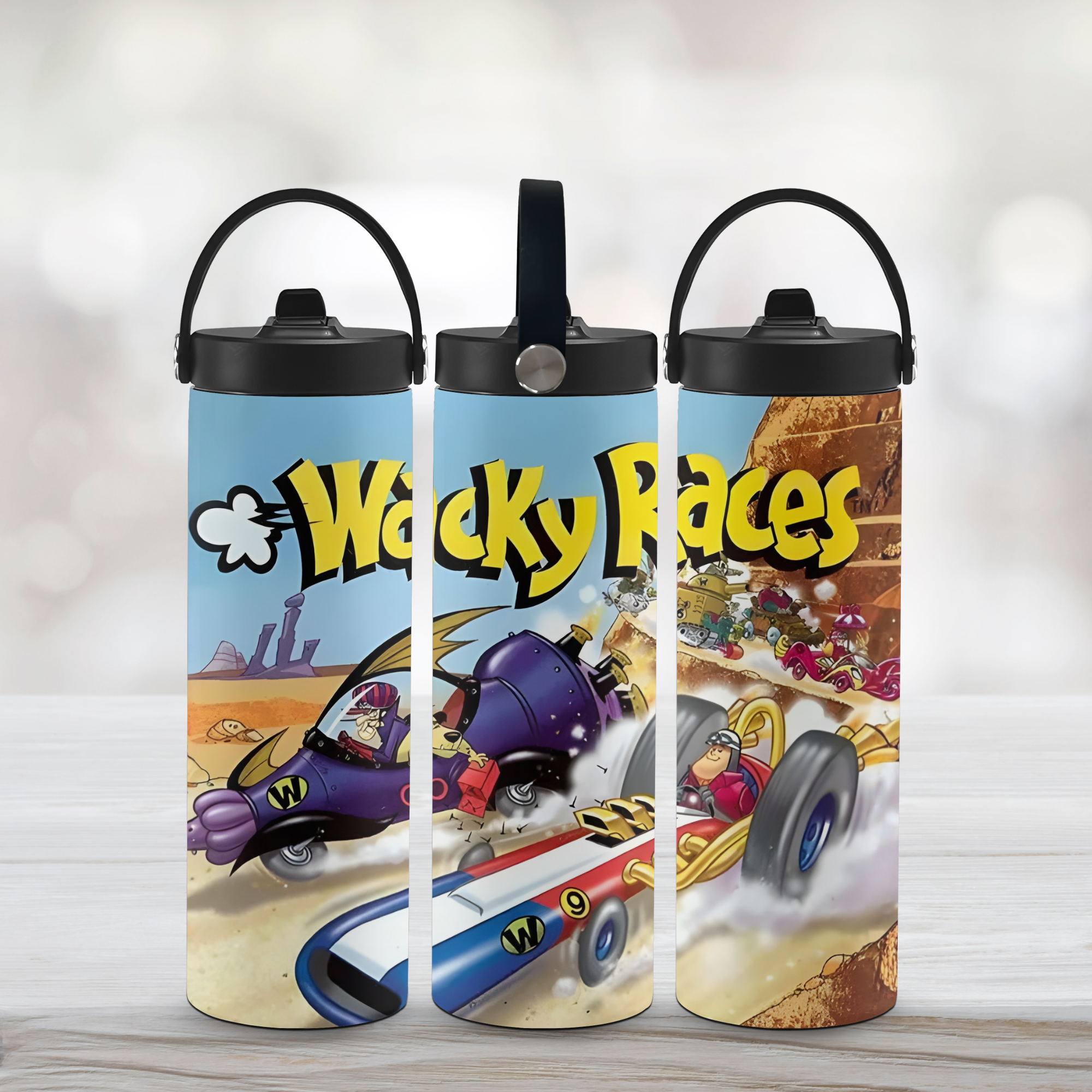 Three Wacky Races cartoon 20oz Sports Water Bottles with a white background. 