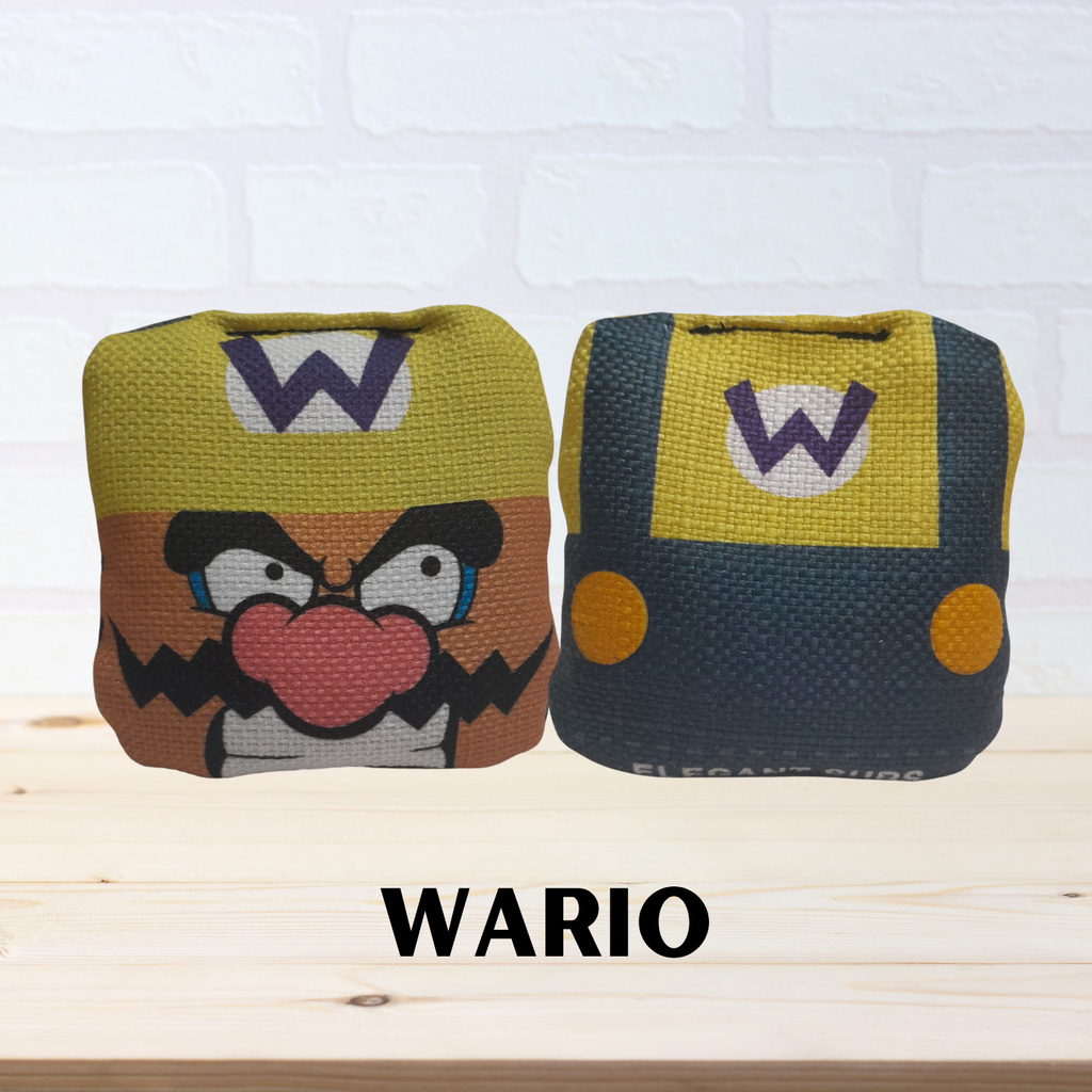 Wario mini cornhole bags front and back image on a white background.