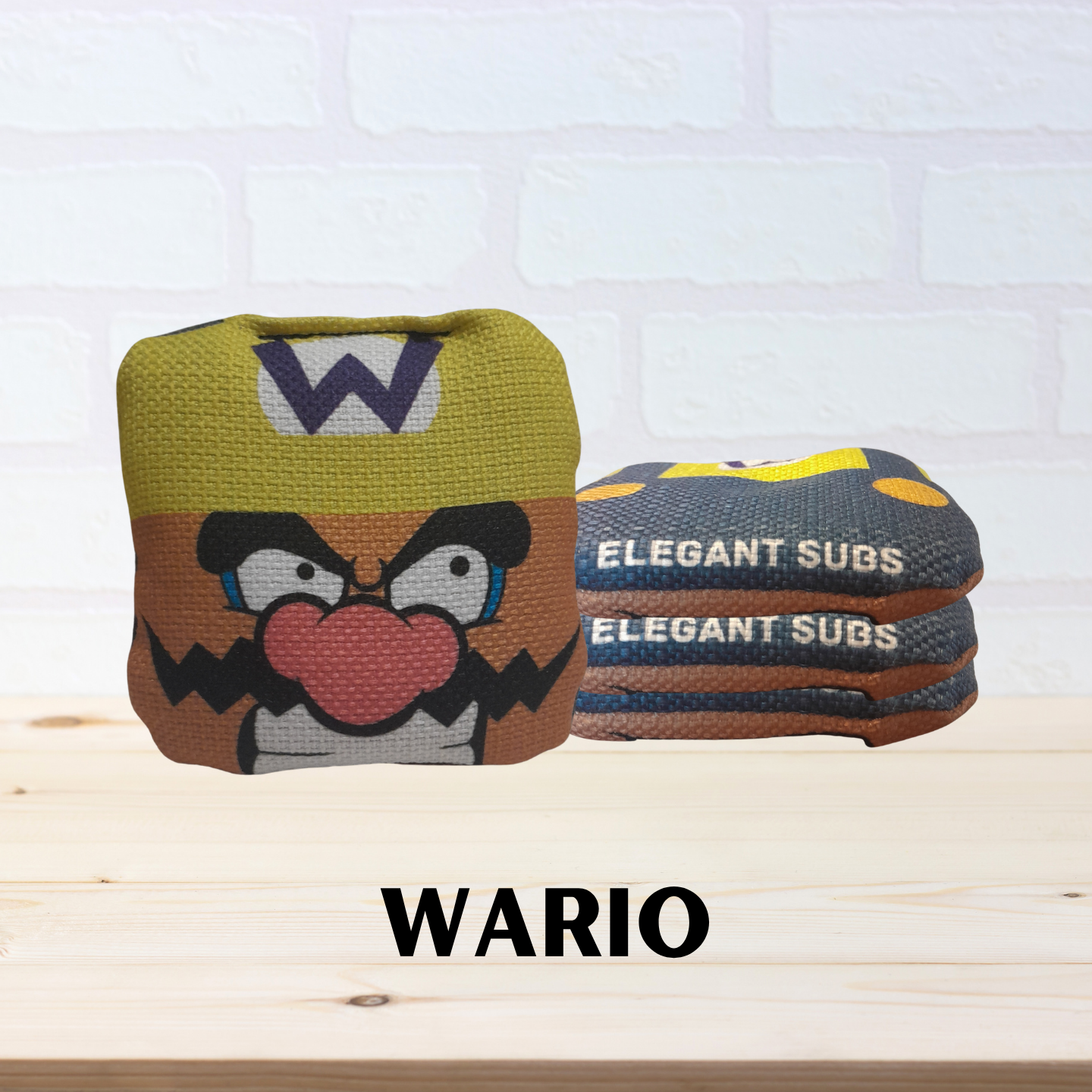 Wario mini cornhole bags front and side image on a white background. 