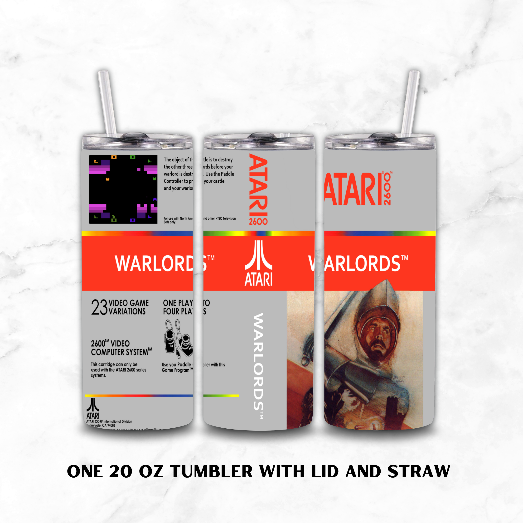 Three views of a 20 oz insulated tumbler with lid and straw, featuring retro Atari Warlords 2600 packaging artwork on a light gray marble background. The tumbler design includes Atari branding, Warlords text, and vintage video game screen graphics.