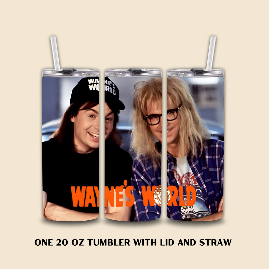 Tumbler with 'Wayne's World' design featuring two characters and the text 'Wayne's World'.