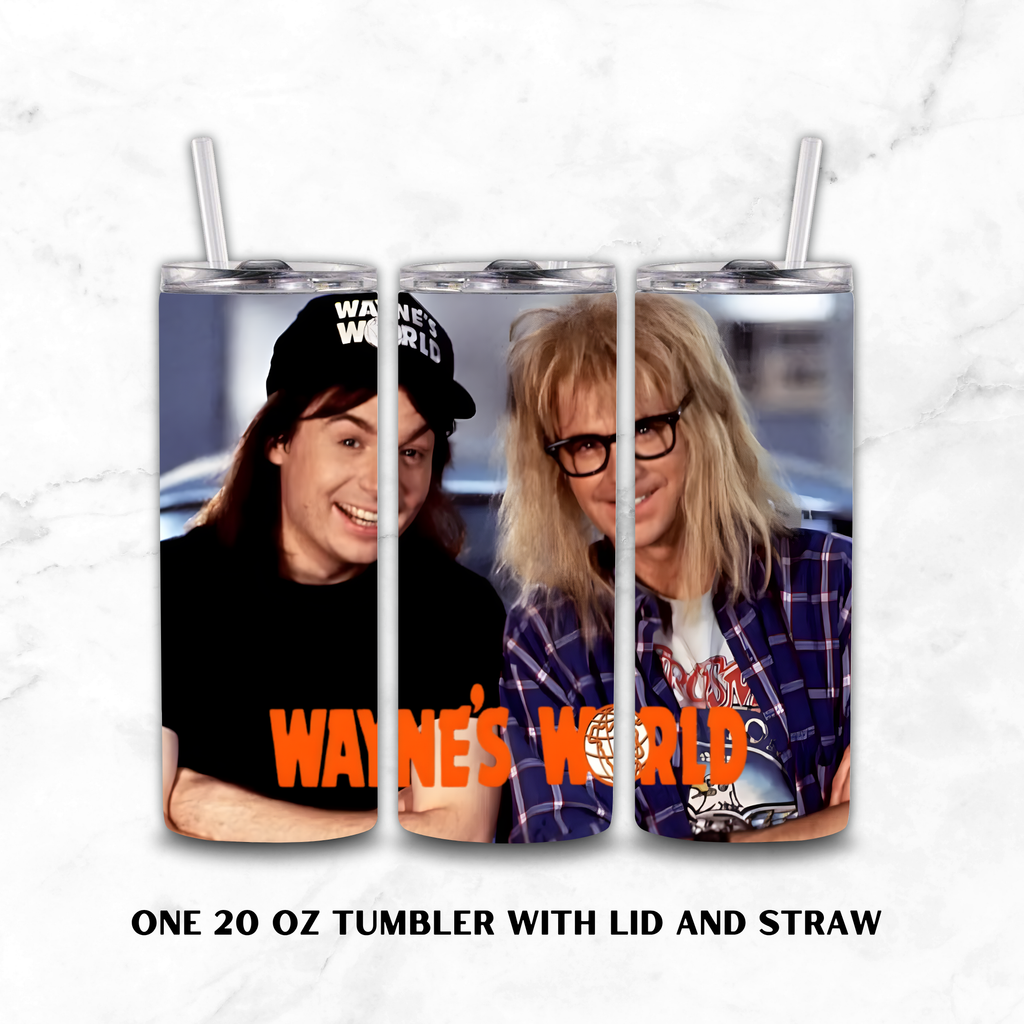 Three-panel custom printed 20 oz tumbler with lid and straw, featuring a split portrait of two people with the text 'WAYNE'S WORLD' in orange. The tumbler is shown on a white marble background with the text 'ONE 20 OZ TUMBLER WITH LID AND STRAW' below.