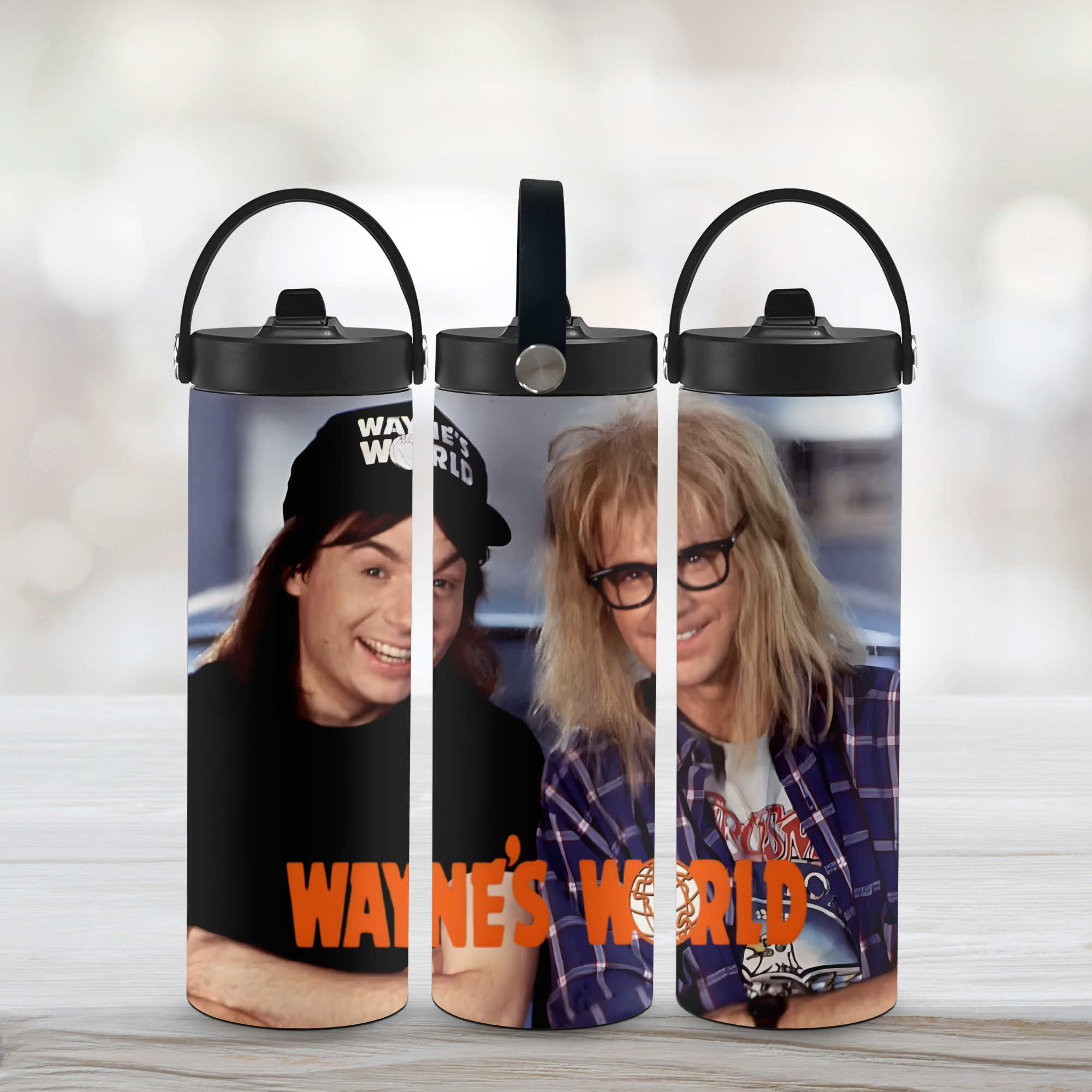Three water bottles with 'Wayne's World' design featuring two characters on a light background.