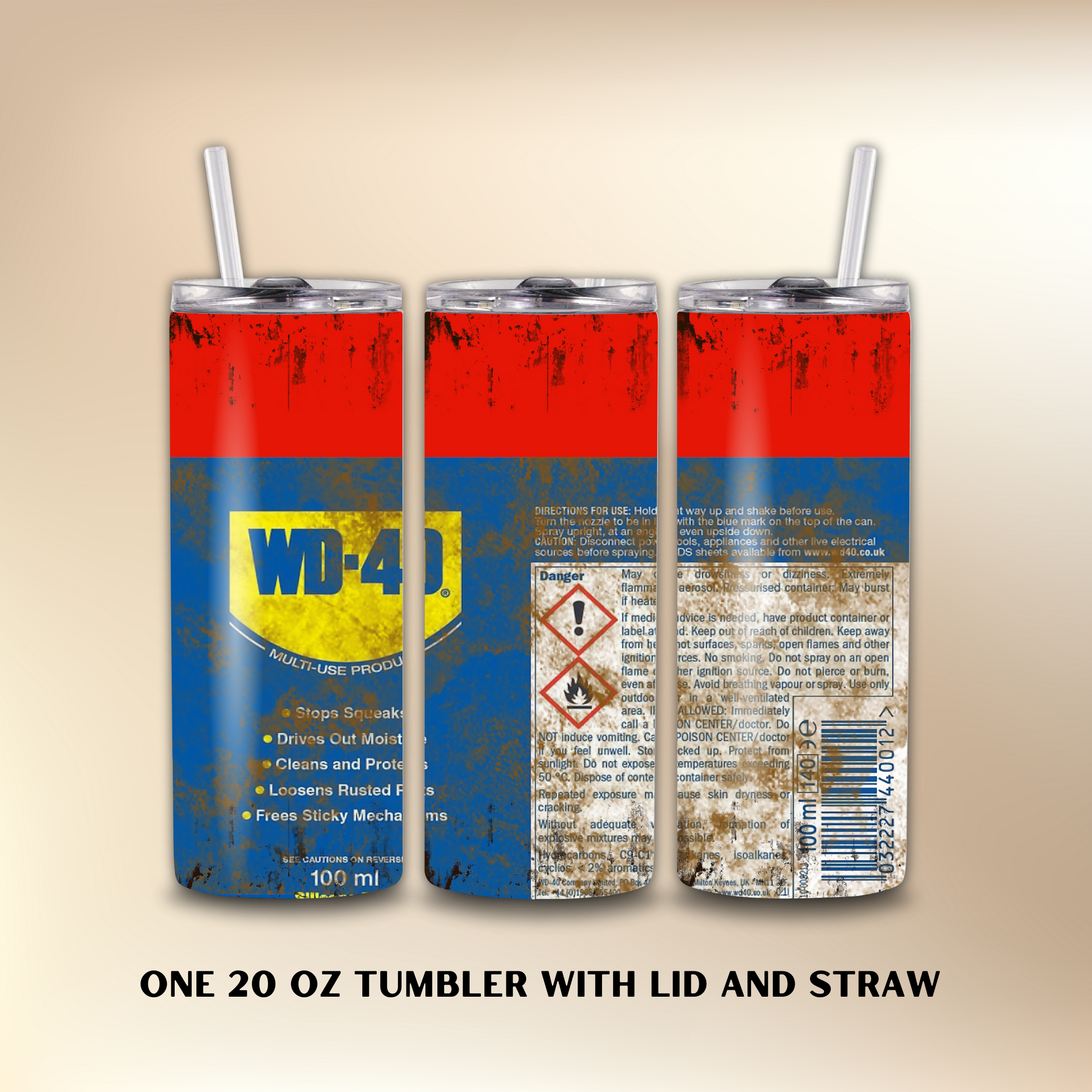 Three 20 oz tumblers with WD-40 branding on a beige background