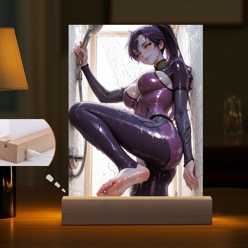 LED night light of Widowmaker from Overwatch with a lamp in the background