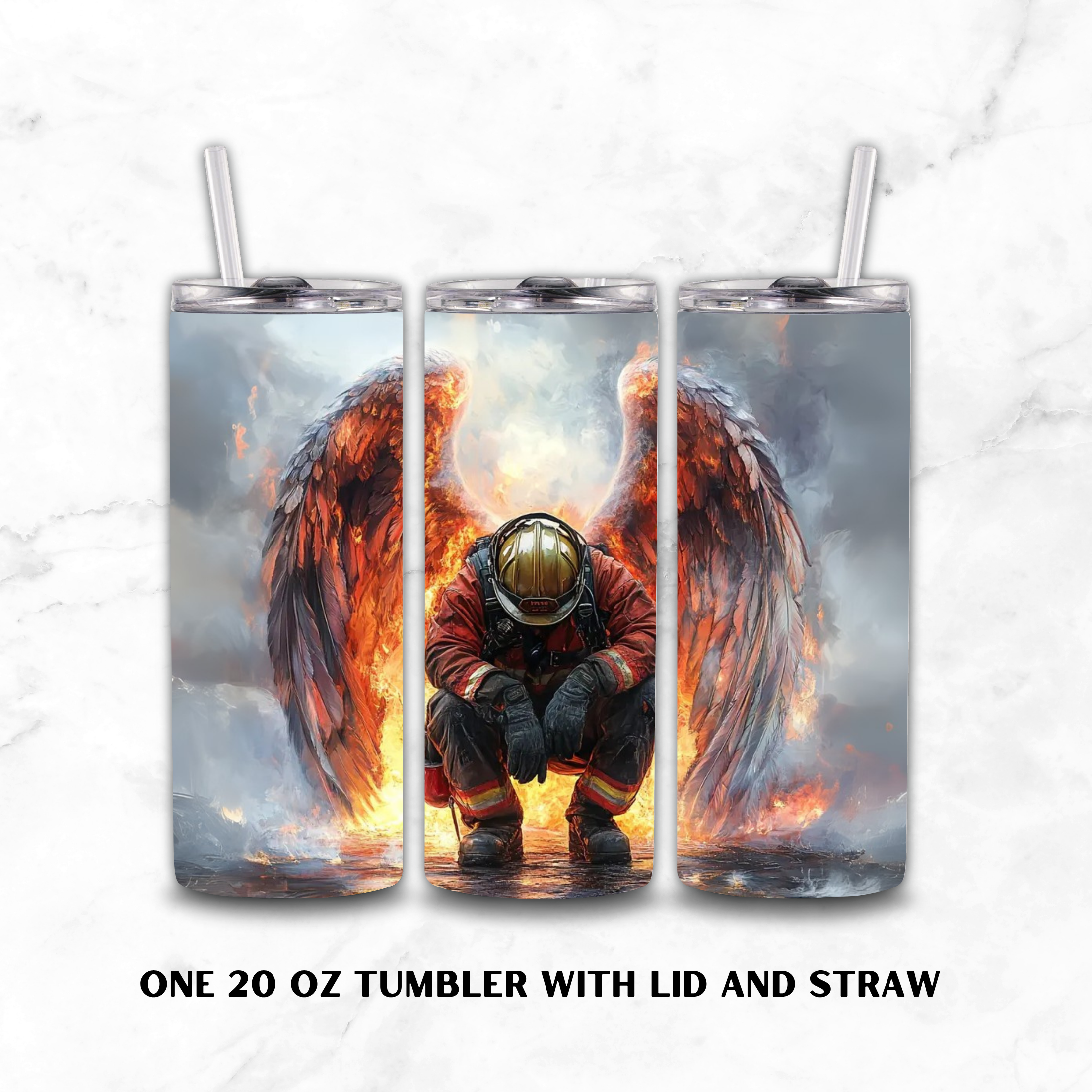 Three views of a 20 oz tumbler with lid and straw, featuring a dramatic printed design of a firefighter crouching with large glowing angel wings with flames. The tumbler is shown on a light marble background with the text 'ONE 20 OZ TUMBLER WITH LID AND STRAW' below.