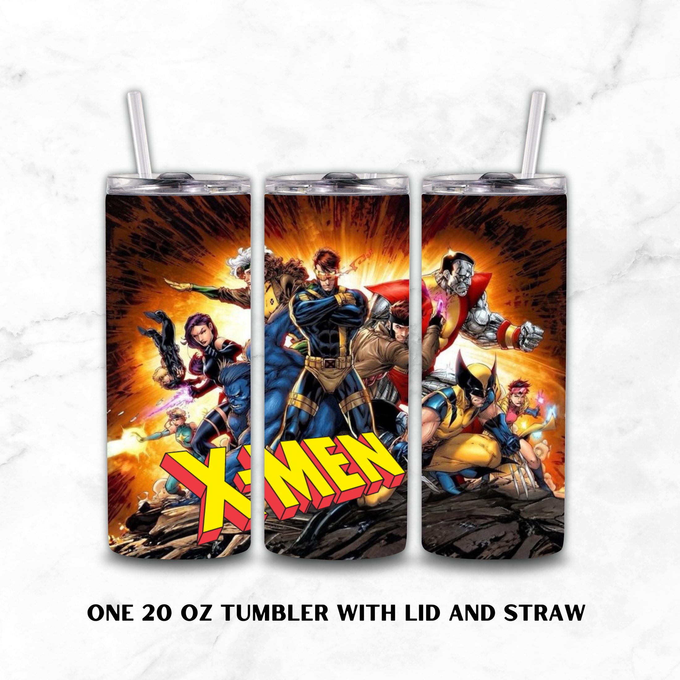 Three X-MEN 20oz cartoon tumblers on a white background.