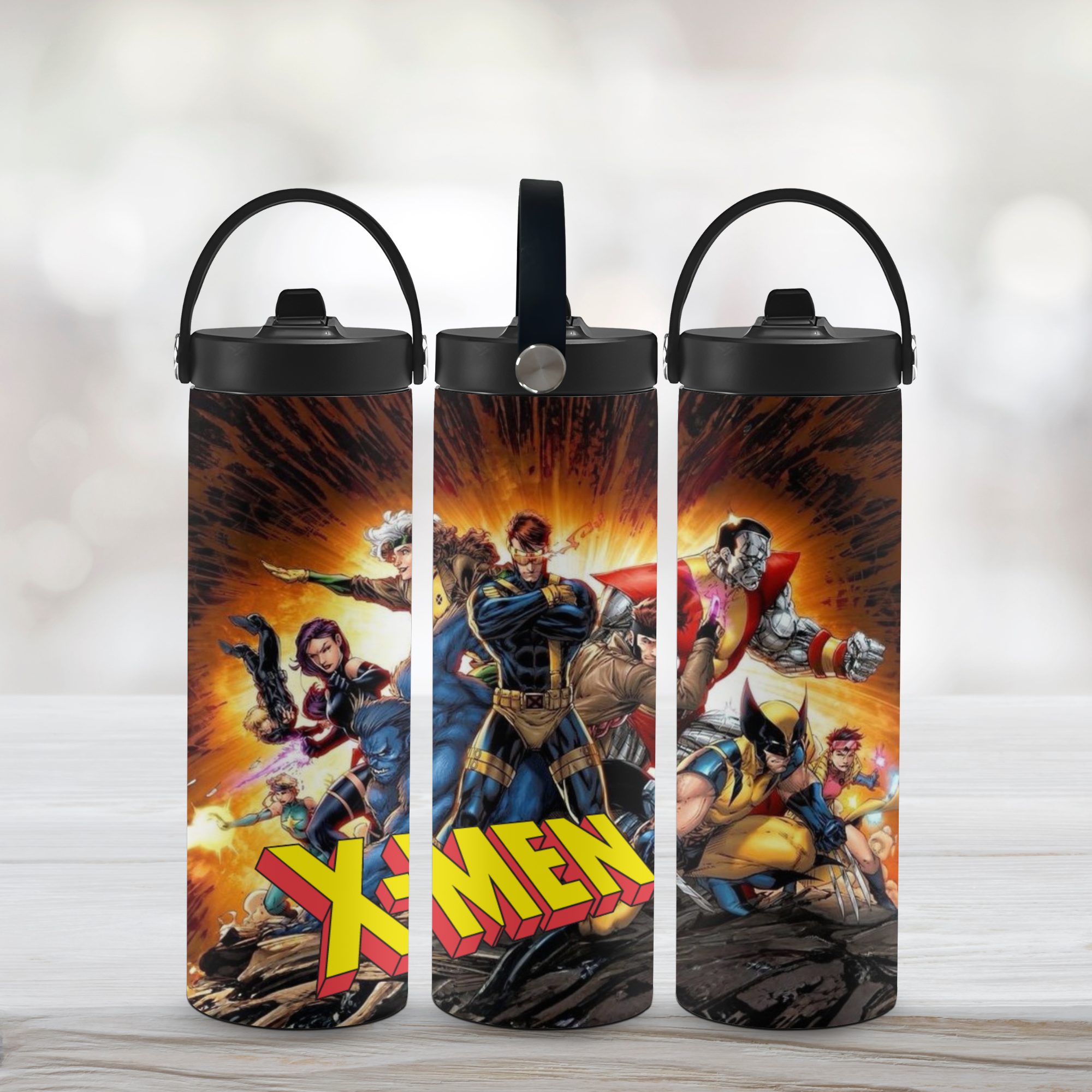 Three X-MEN Sports Water Bottles with a white background.