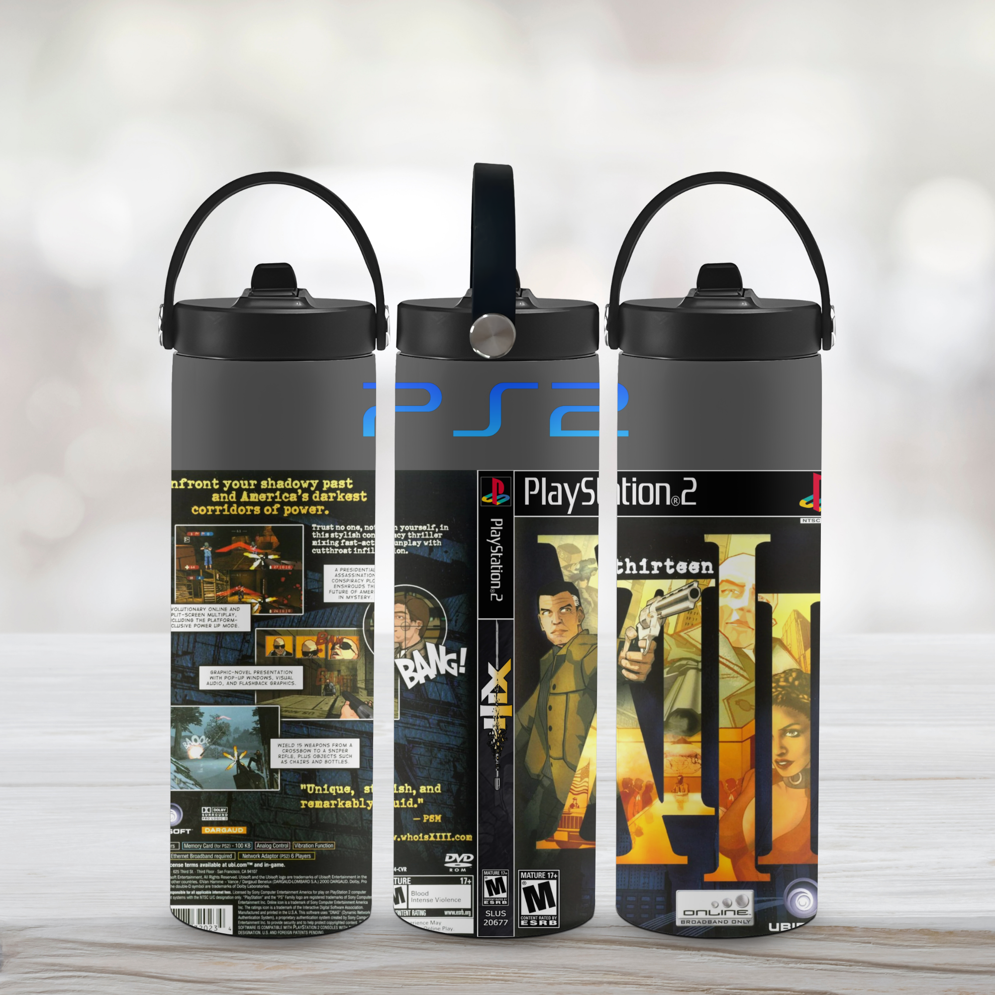 Three sports water bottles with designs inspired by XIII on a light background.