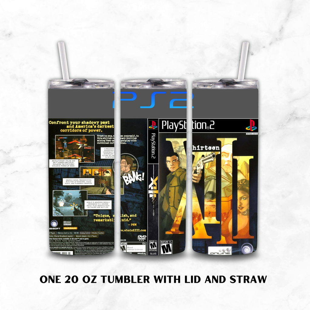 Three views of a 20 oz tumbler with lid and straw, featuring a PlayStation 2 themed wrap design with 'XIII' artwork, shown on a white marble background.