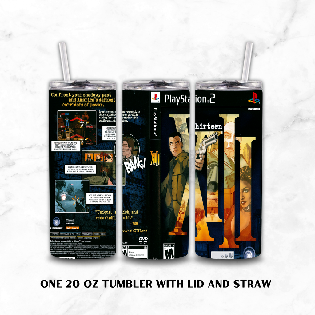 Three views of a 20 oz tumbler with lid and straw, featuring a PlayStation 2 'Thirteen' video game wrap design, shown on a white marble background with text reading 'ONE 20 OZ TUMBLER WITH LID AND STRAW'.