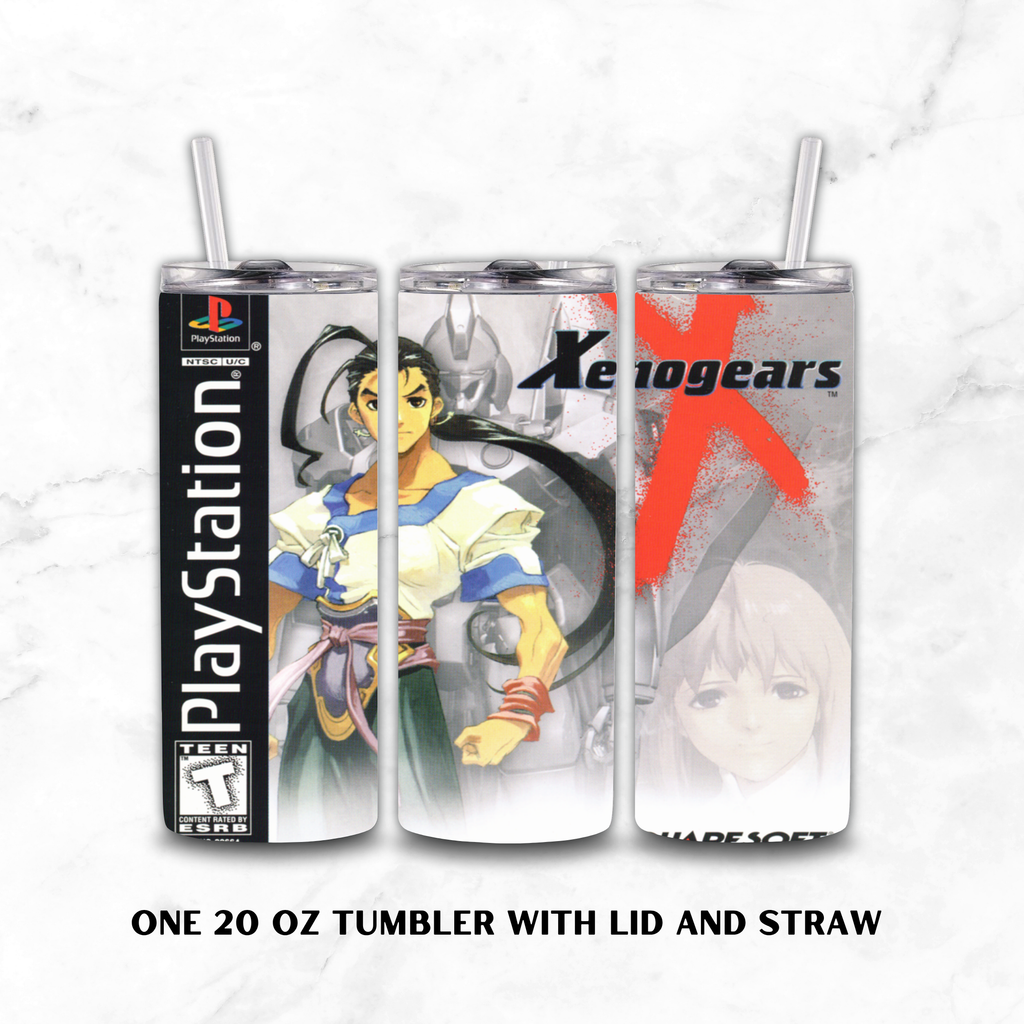 Three 20 oz tumblers with lids and straws, printed with PlayStation and Xenogears anime artwork, shown on a white marble background with text reading 'ONE 20 OZ TUMBLER WITH LID AND STRAW'.