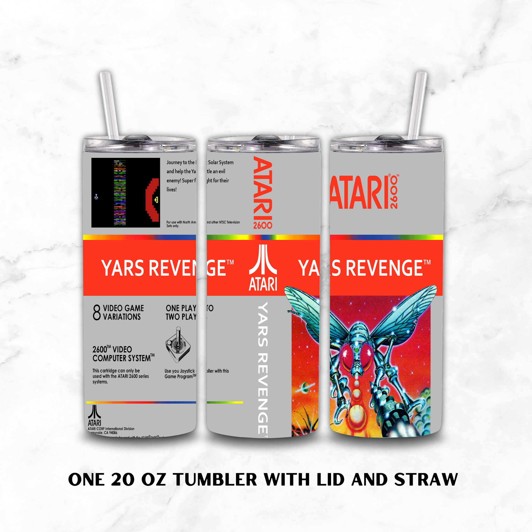 Three views of a 20 oz stainless steel tumbler with lid and straw, featuring retro Atari Yars Revenge graphics on a light gray marble background. The tumbler design includes gray, red, orange, and blue sections with Atari branding and game artwork.