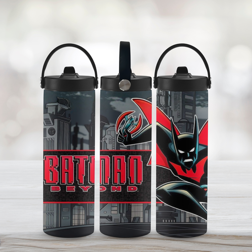 Three Batman Beyond water bottles with different designs on a light background