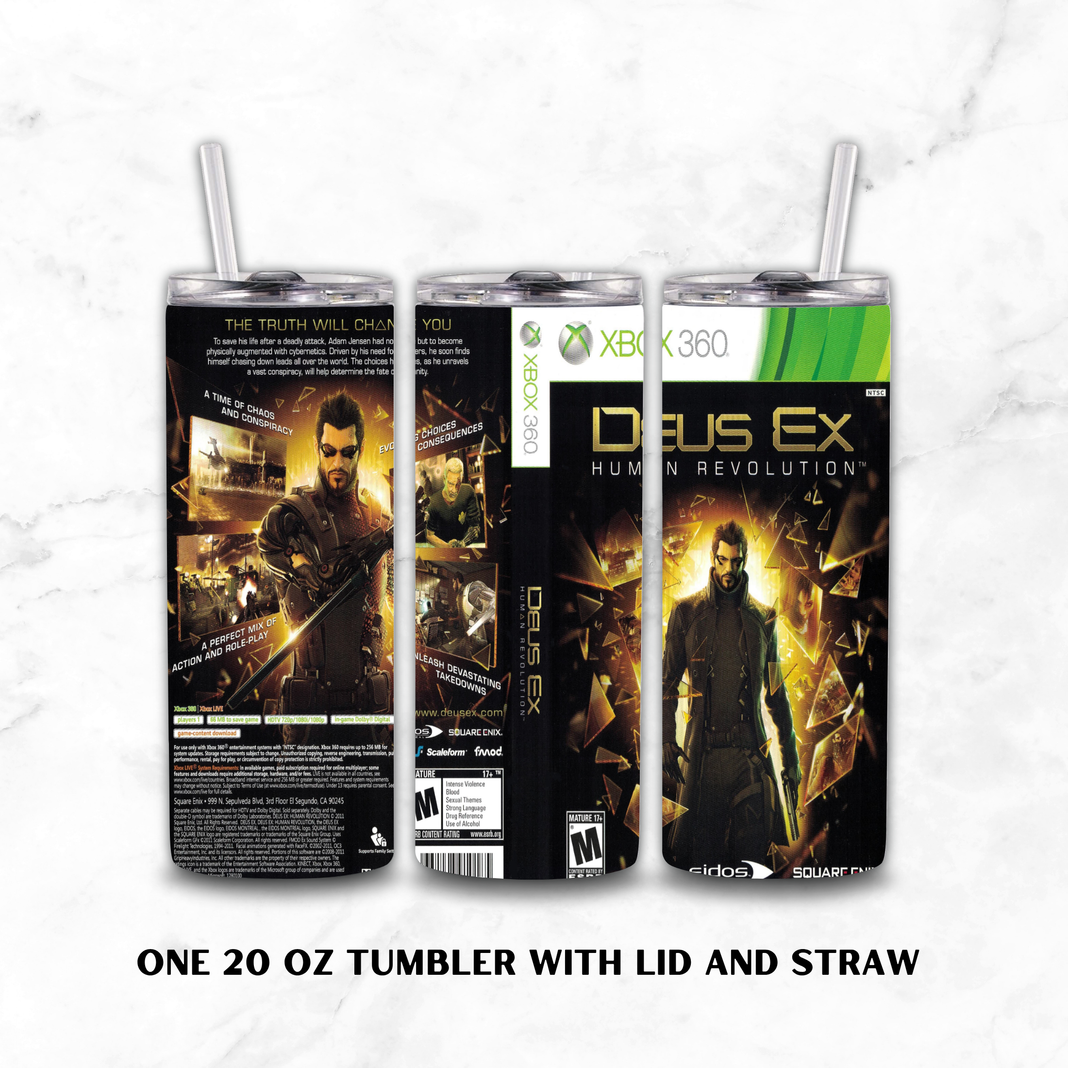 Three views of a 20 oz stainless steel tumbler with lid and straw, featuring a custom Deus Ex: Human Revolution wrap, displayed on a white marble background.