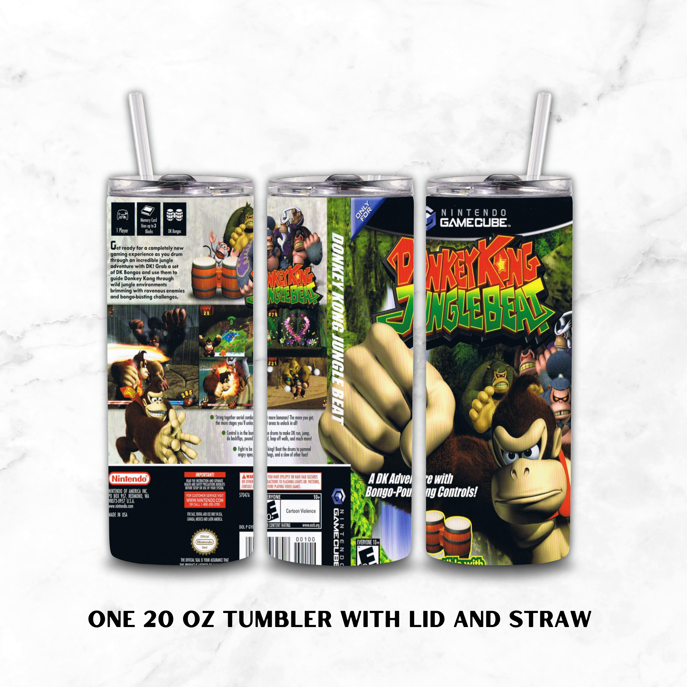 Three views of a 20 oz tumbler with lid and straw, featuring a wraparound Donkey Kong Jungle Beat video game cover design on a white marble background.
