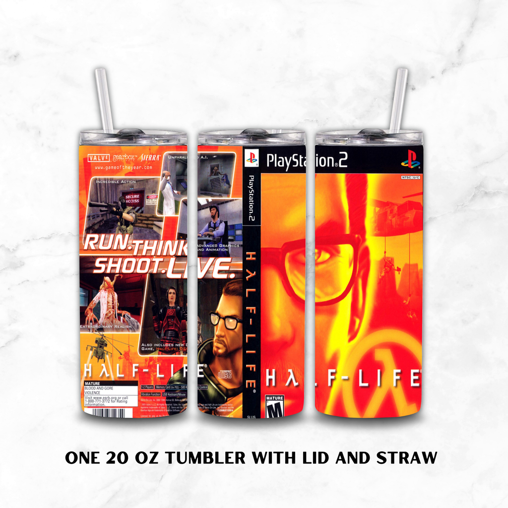 Three views of a 20 oz stainless steel tumbler with lid and straw, featuring a wraparound PlayStation 2 Half-Life video game cover design on a white marble background.