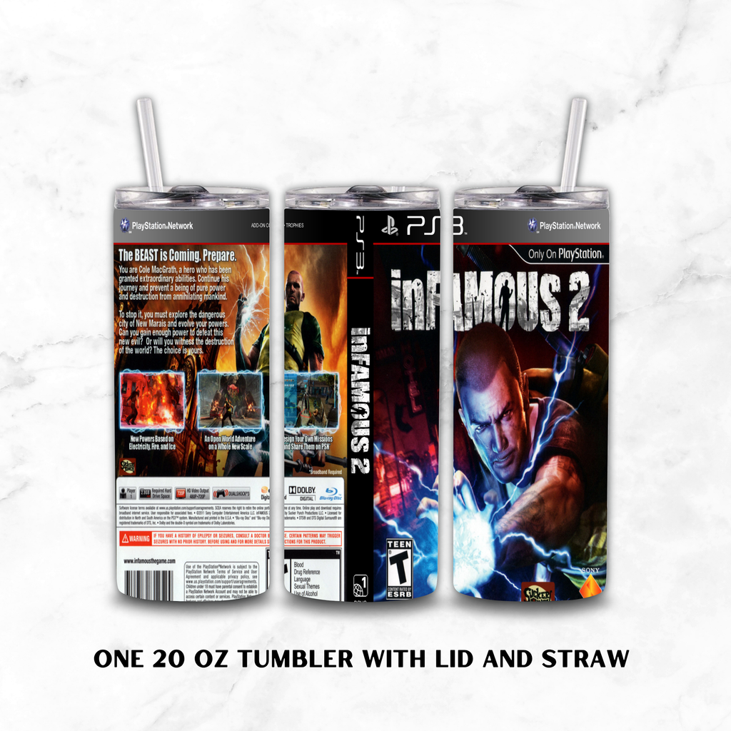Three views of a 20 oz stainless steel tumbler with lid and straw, wrapped in a PlayStation 3 themed 'InFamous 2' skin, displayed on a white marble background.
