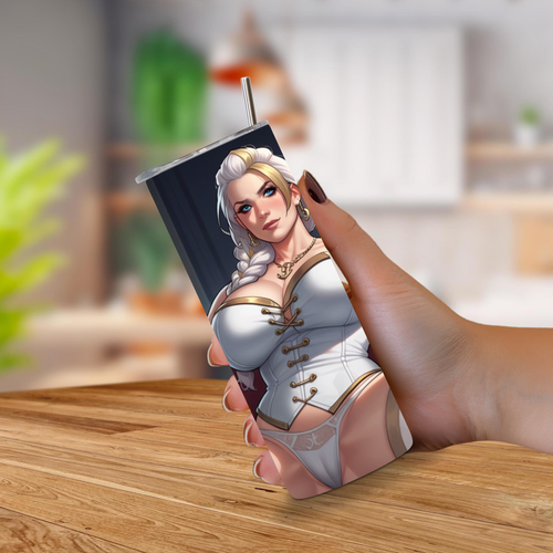 Hand holding a 20oz tumbler with anime character Jaina Proudmore of World of Warcraft. 