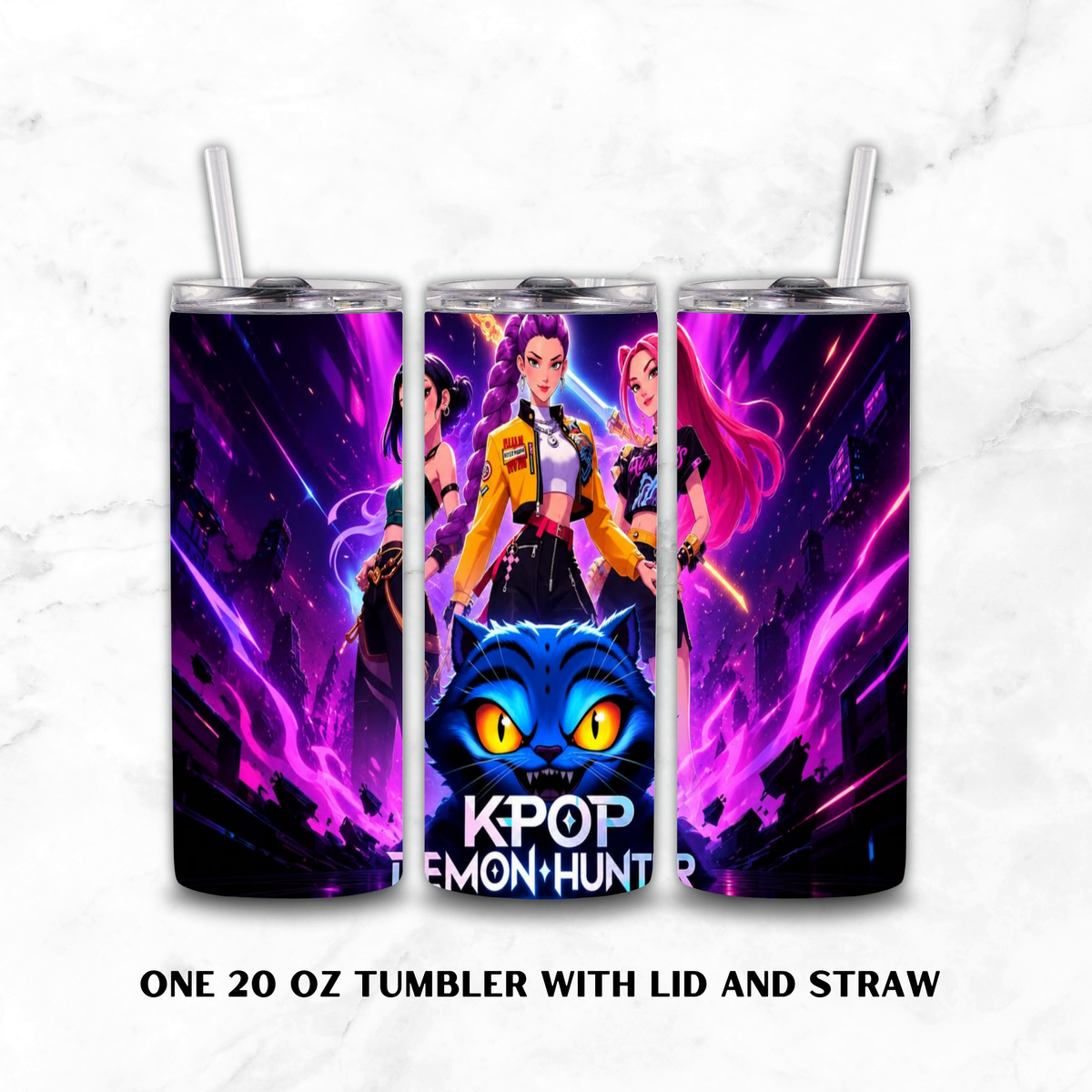 Three views of a 20 oz insulated tumbler with lid and straw, featuring a vibrant K-pop themed graphic print with anime characters, neon purple energy effects, and a blue cat face. The text 'KPOP DEMON HUNTER' is printed at the bottom of the design.